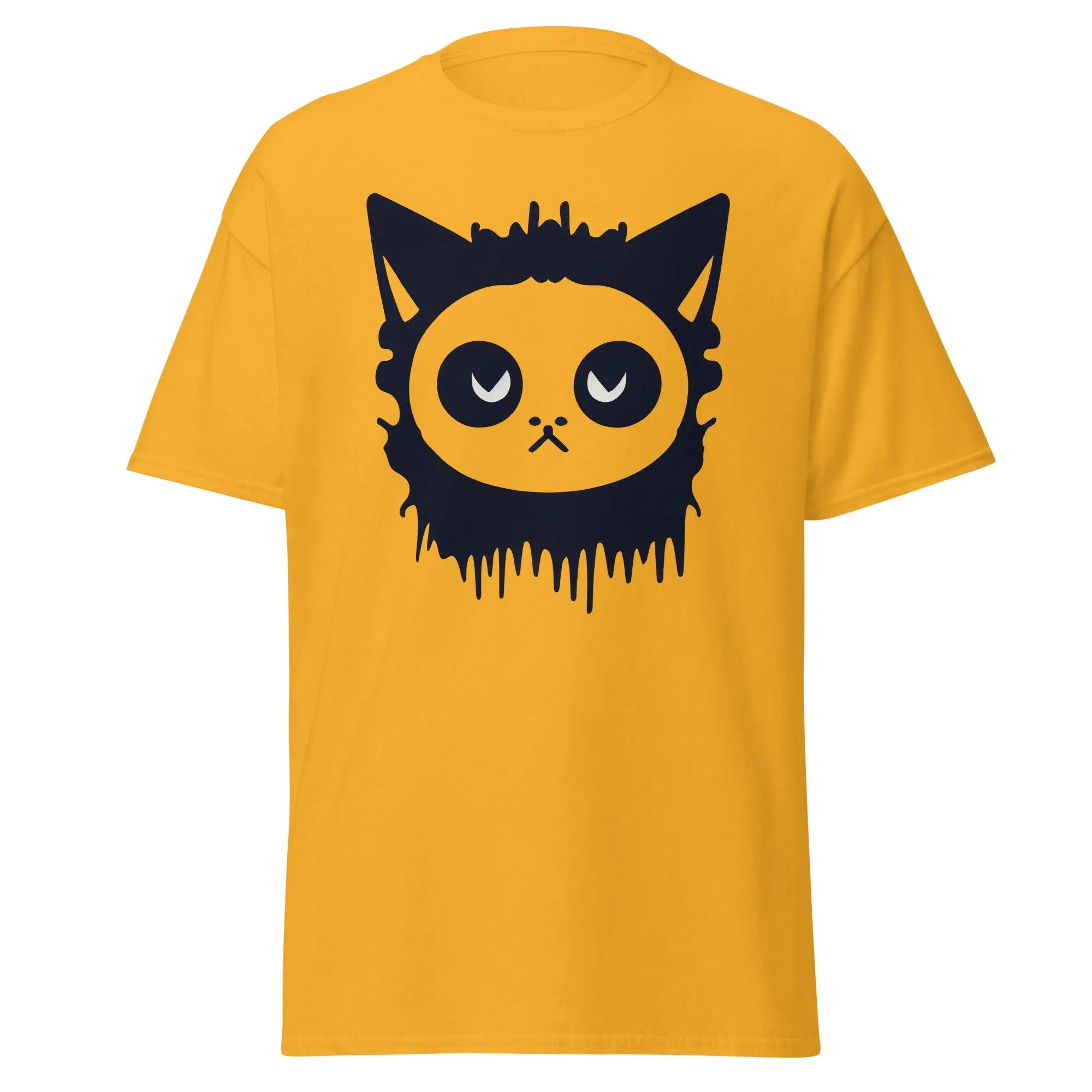 Purr-Zombie gold Halloween T-shirt featuring a bold black cat face with wide eyes and dripping detail at the bottom.