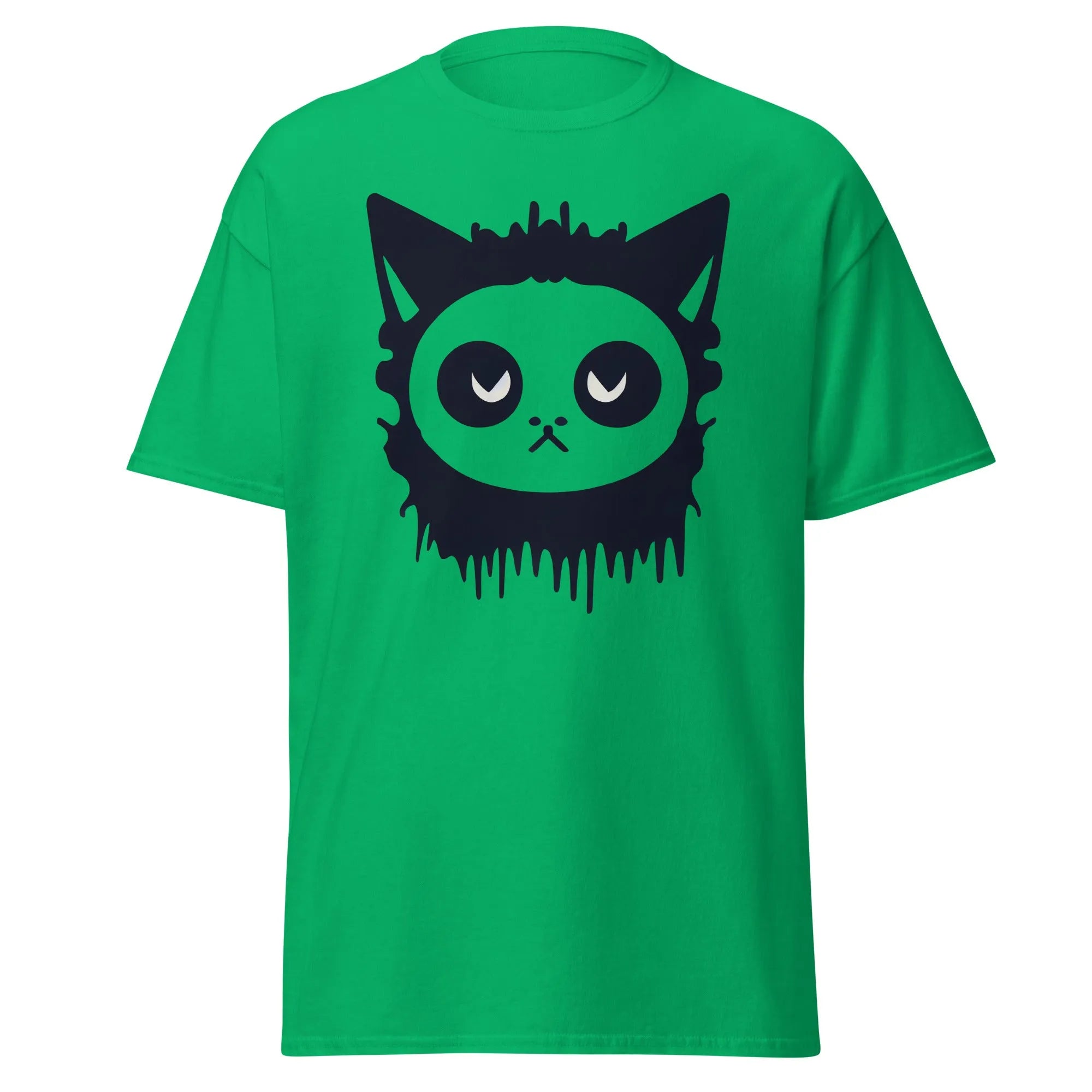 Purr-Zombie green Halloween T-shirt featuring a bold black cat face with wide eyes and dripping detail at the bottom.