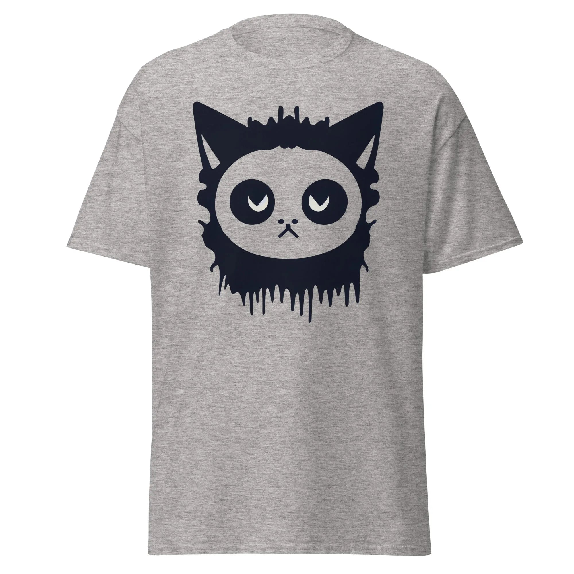 Purr-Zombie grey Halloween T-shirt featuring a bold black cat face with wide eyes and dripping detail at the bottom.