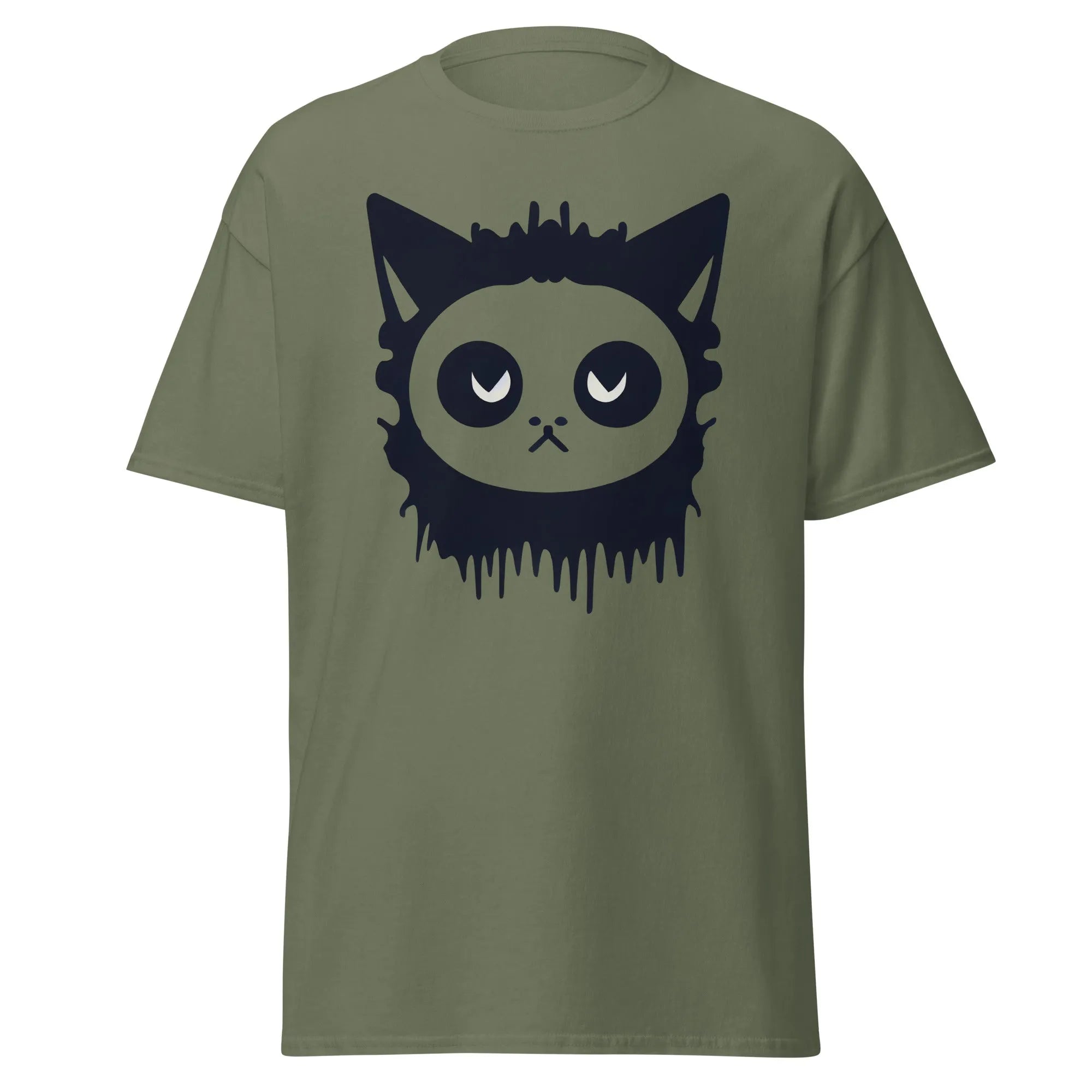 Purr-Zombie military green Halloween T-shirt featuring a bold black cat face with wide eyes and dripping detail at the bottom.