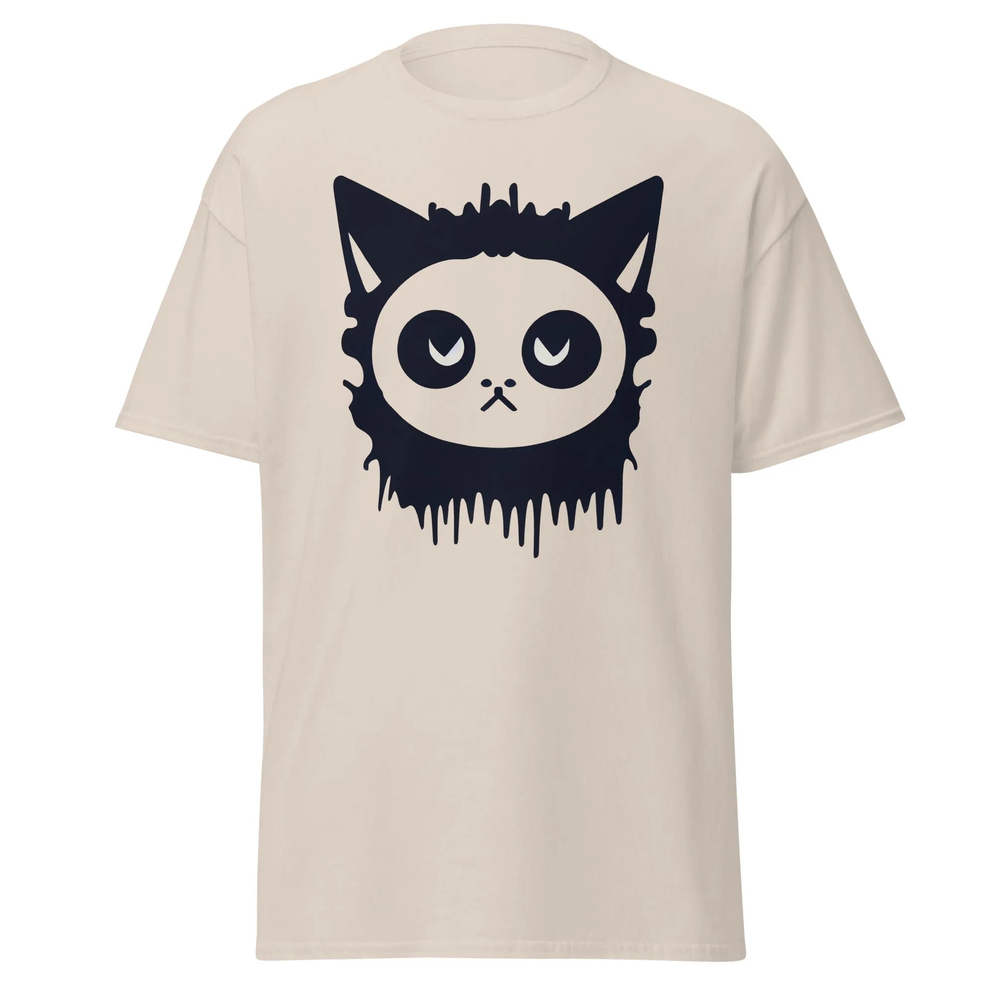 Purr-Zombie natural Halloween T-shirt featuring a bold black cat face with wide eyes and dripping detail at the bottom.