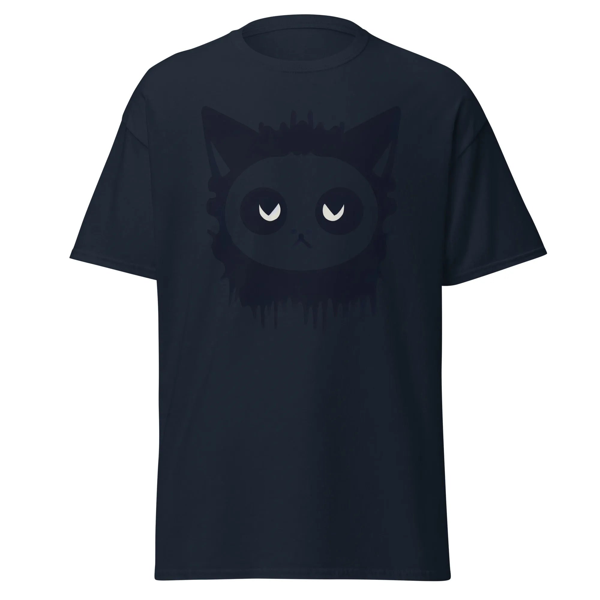 Purr-Zombie navy blue Halloween T-shirt featuring a bold black cat face with wide eyes and dripping detail at the bottom.