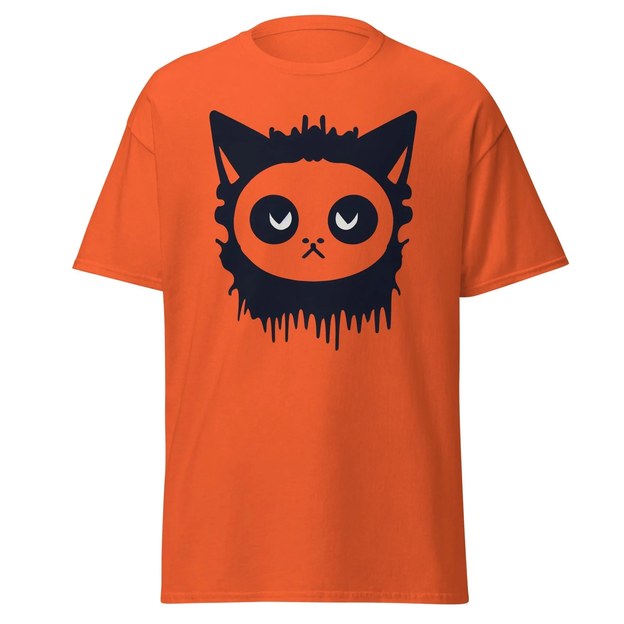 Purr-Zombie orange Halloween T-shirt featuring a bold black cat face with wide eyes and dripping detail at the bottom.