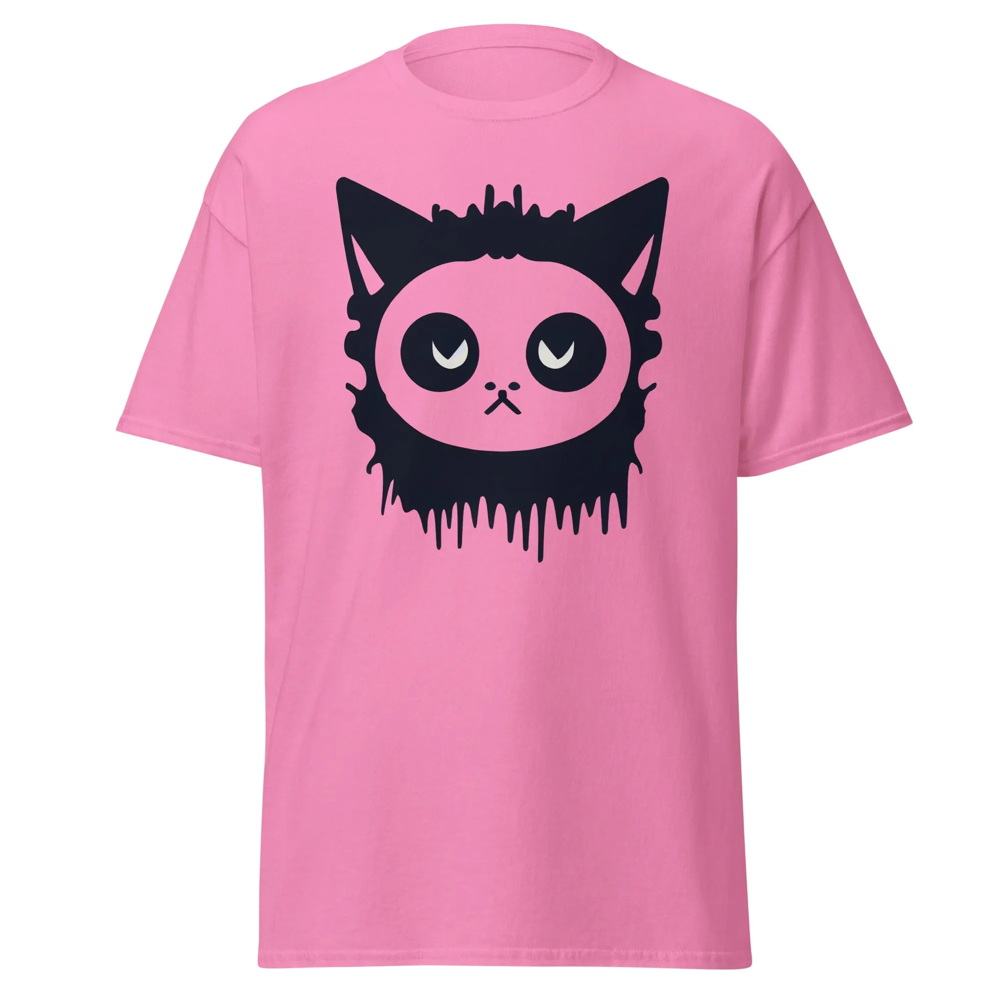 Purr-Zombie pink Halloween T-shirt featuring a bold black cat face with wide eyes and dripping detail at the bottom.