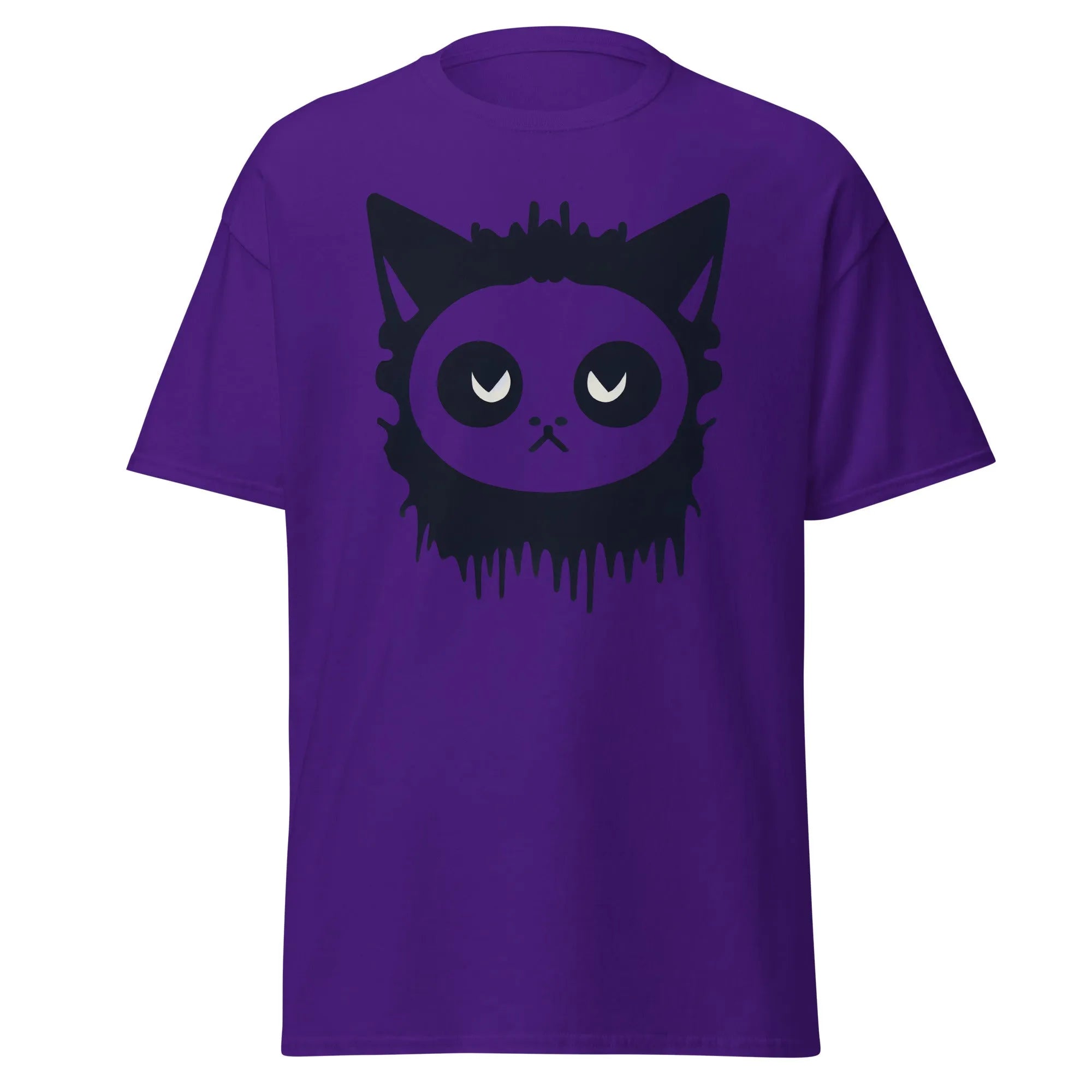 Purr-Zombie purple Halloween T-shirt featuring a bold black cat face with wide eyes and dripping detail at the bottom.