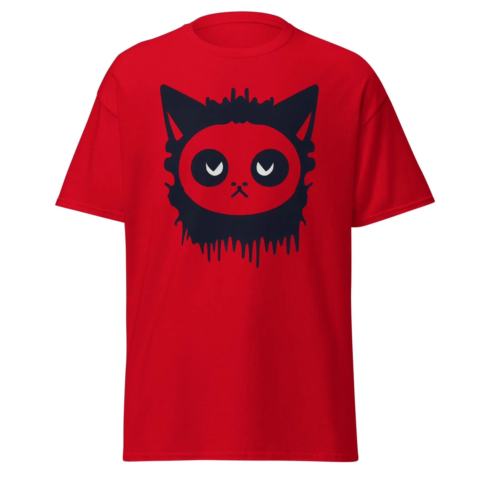 Purr-Zombie red Halloween T-shirt featuring a bold black cat face with wide eyes and dripping detail at the bottom.