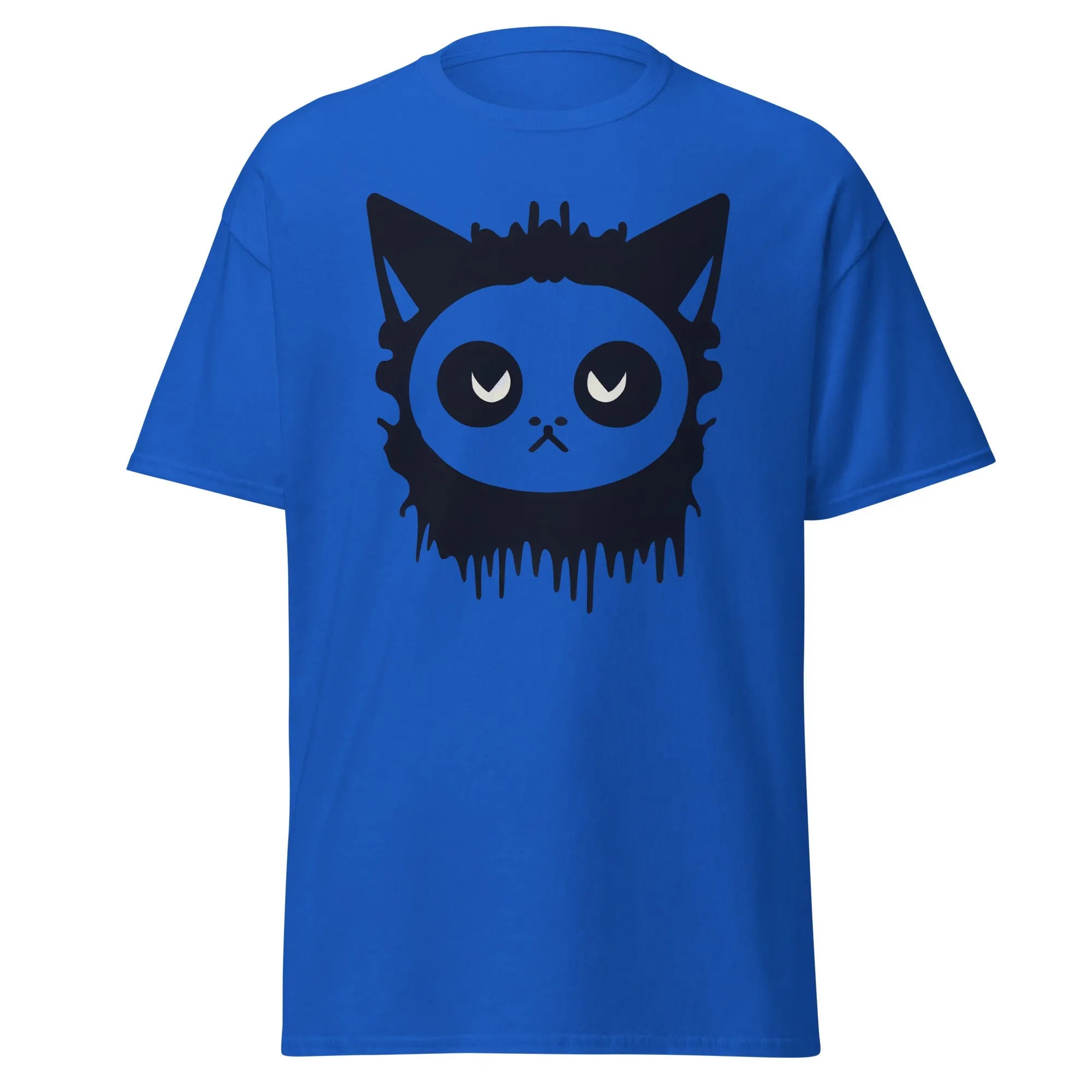 Purr-Zombie royal blue Halloween T-shirt featuring a bold black cat face with wide eyes and dripping detail at the bottom.
