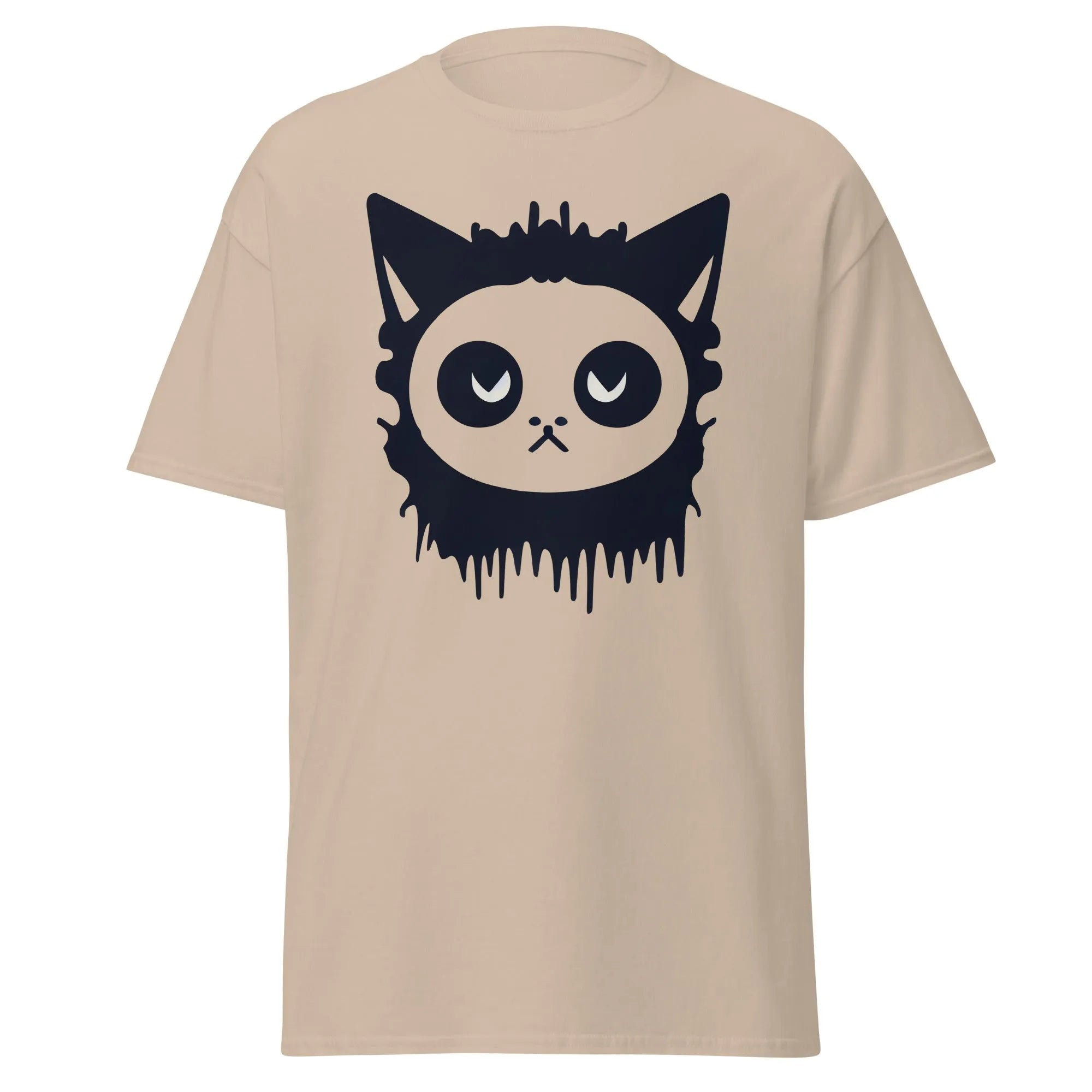 Purr-Zombie sand Halloween T-shirt featuring a bold black cat face with wide eyes and dripping detail at the bottom.
