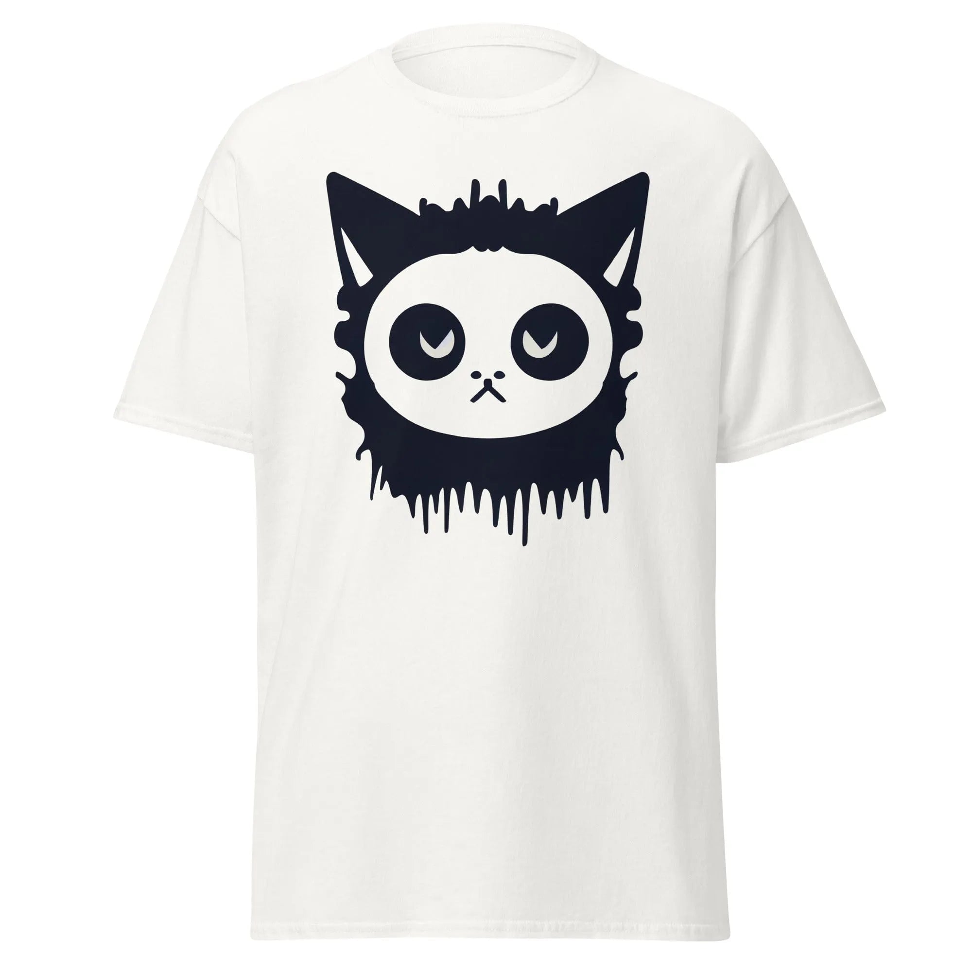 Purr-Zombie white Halloween T-shirt featuring a bold black cat face with wide eyes and dripping detail at the bottom.