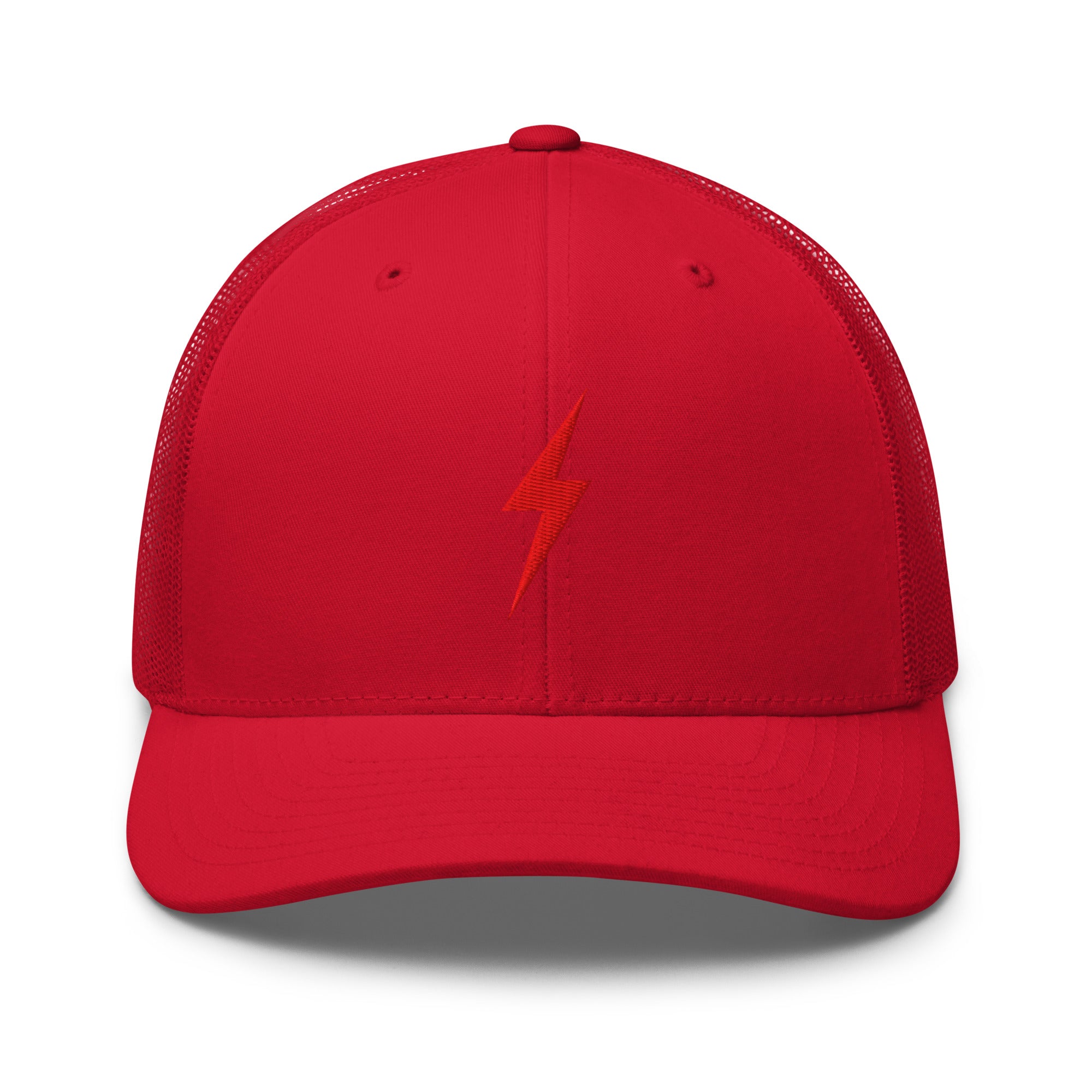 Red trucker hat with an embroidered red lightning bolt design on the front panel