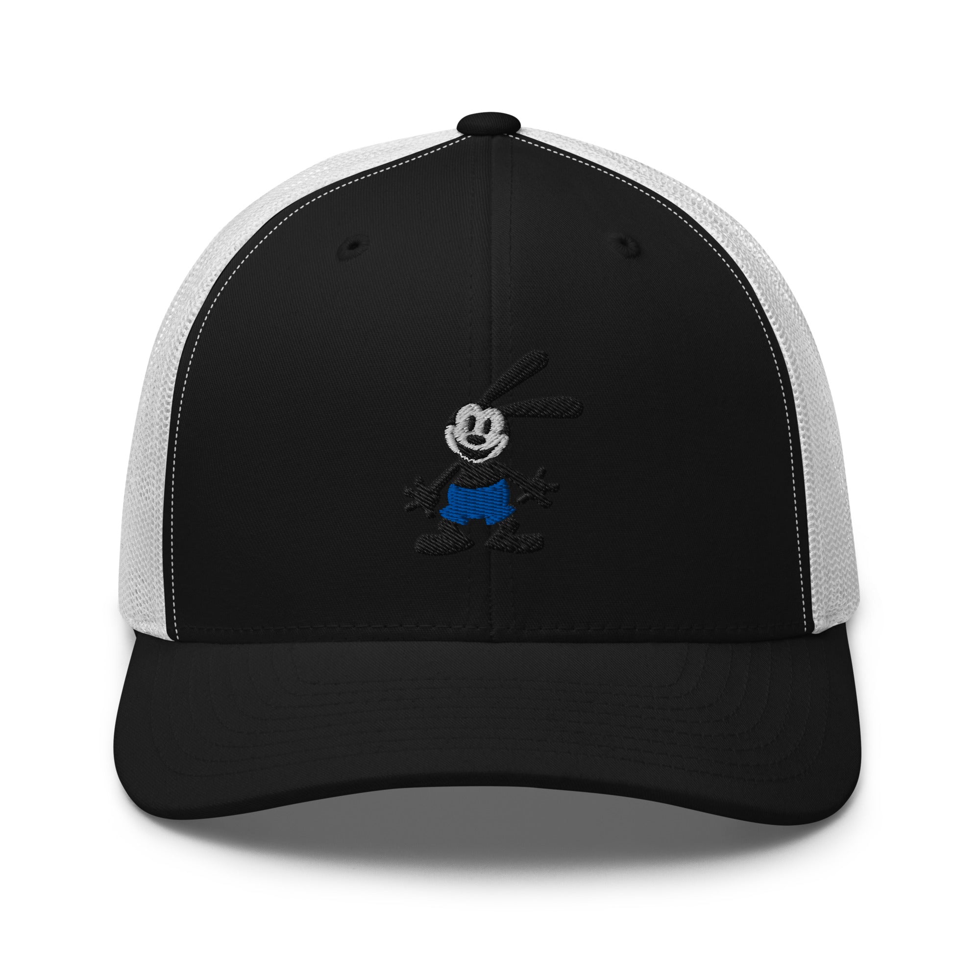 Black white retro trucker hat featuring a 1928 Oswald design from Disney’s early animation era