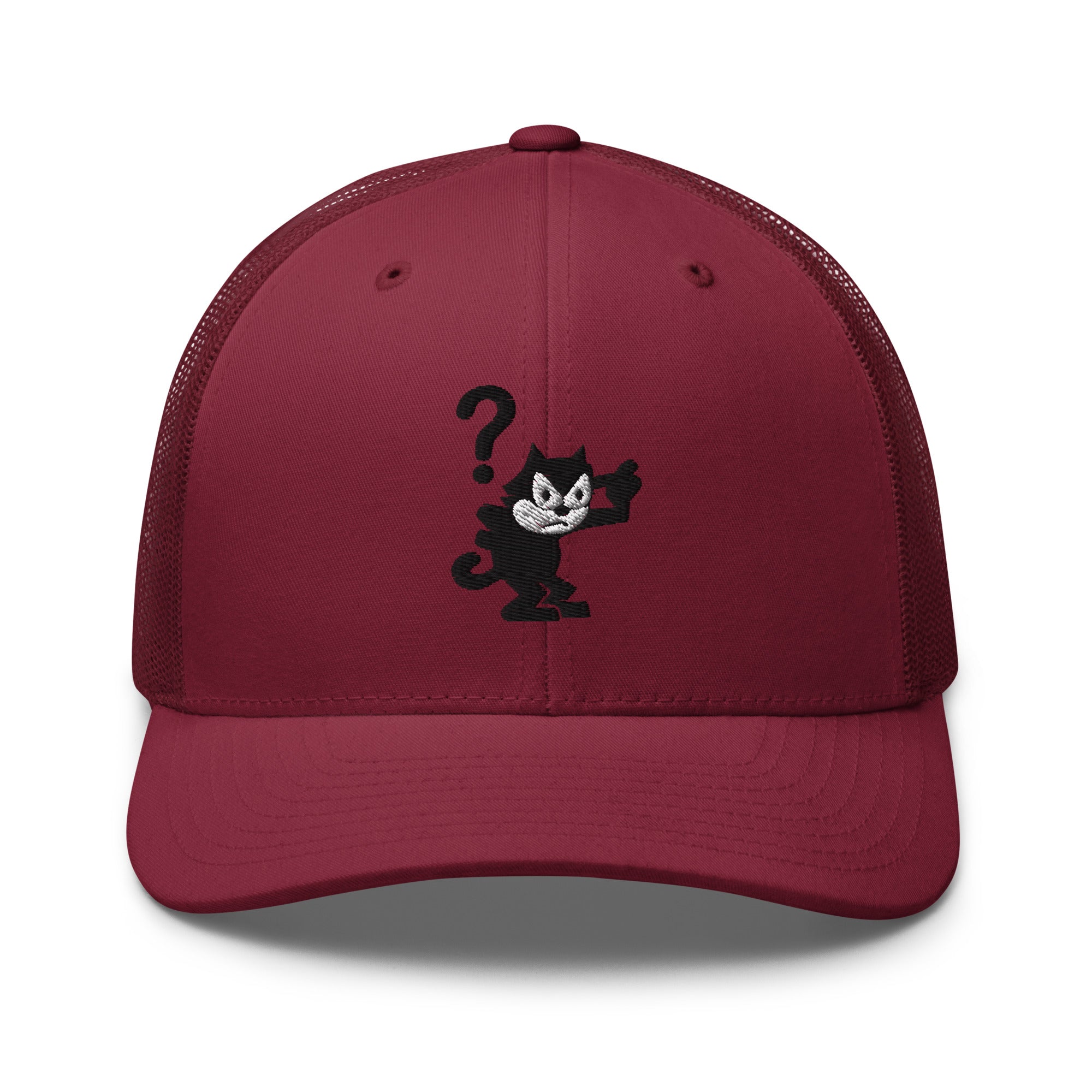 Cranberry trucker hat featuring a 1920 Felix the Cat design from Disney’s early animation era