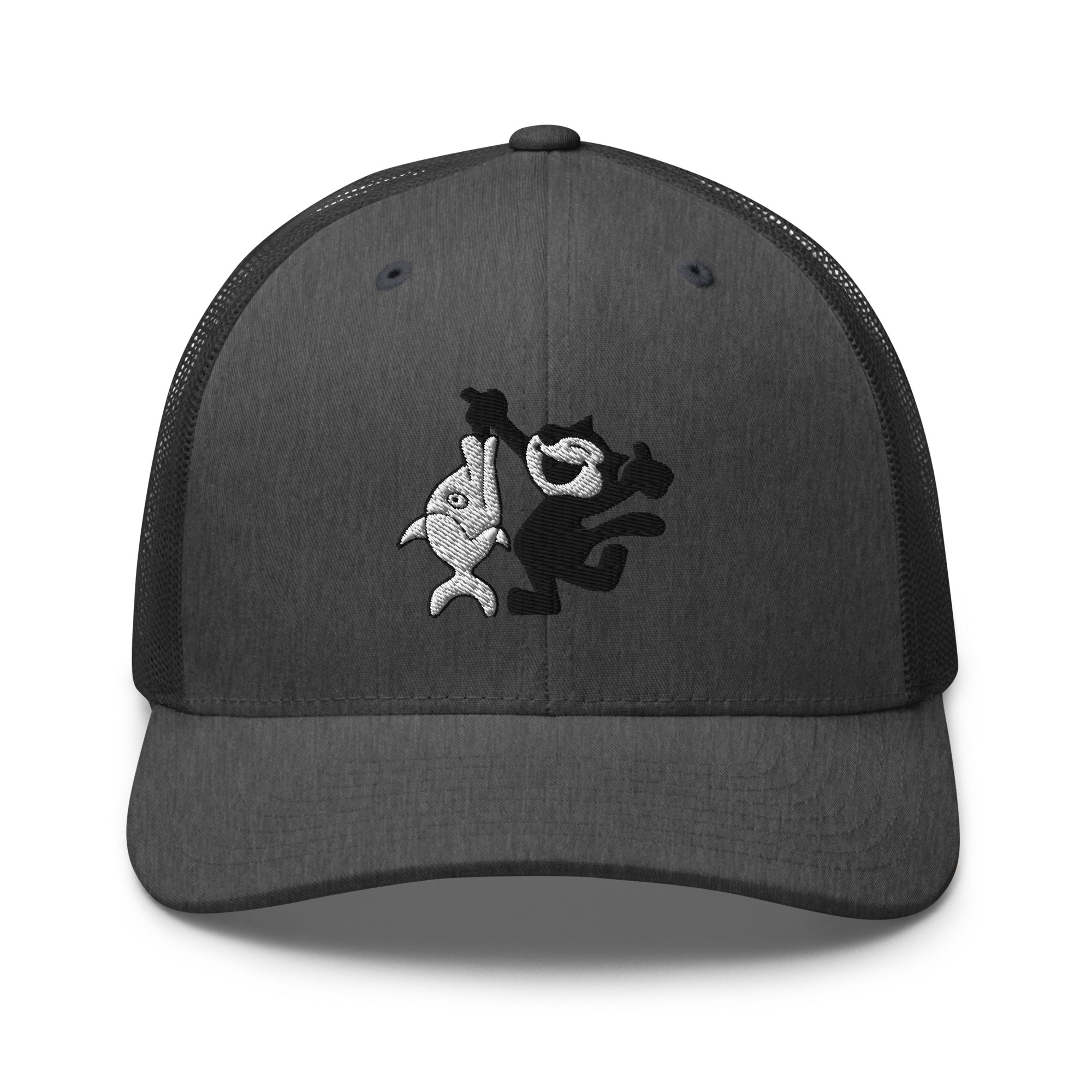 Heather dark grey trucker hat featuring a 1920 Felix the Cat design with a fish from Disney’s early animation era
