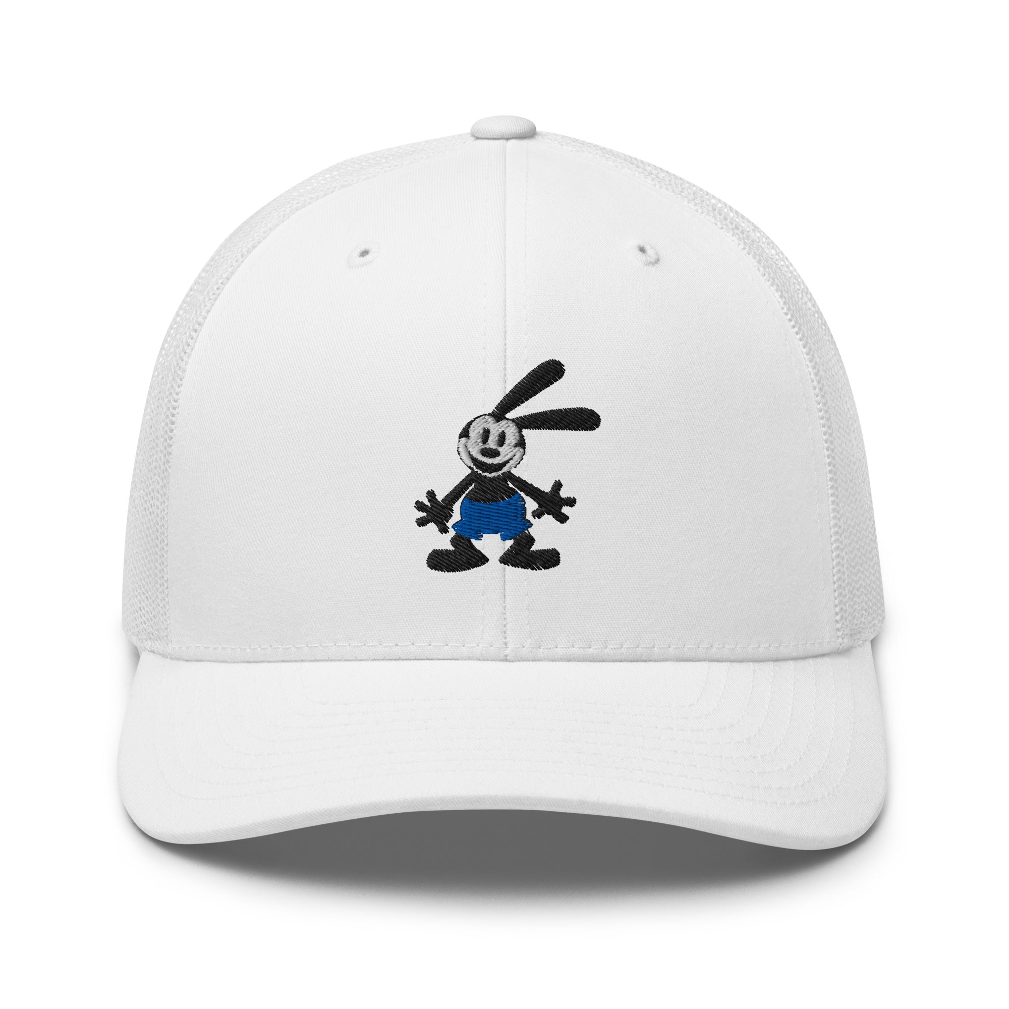 white retro trucker hat featuring a 1928 Oswald design from Disney’s early animation era