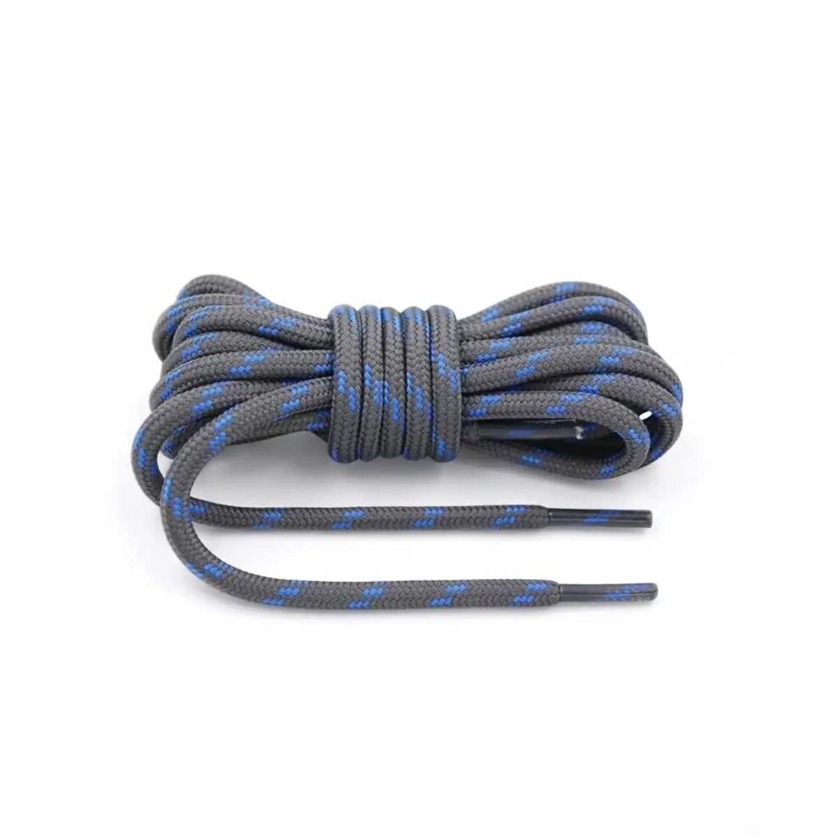 Round dark grey and blue replacement hiking boot laces for walking shoes and outdoor footwear