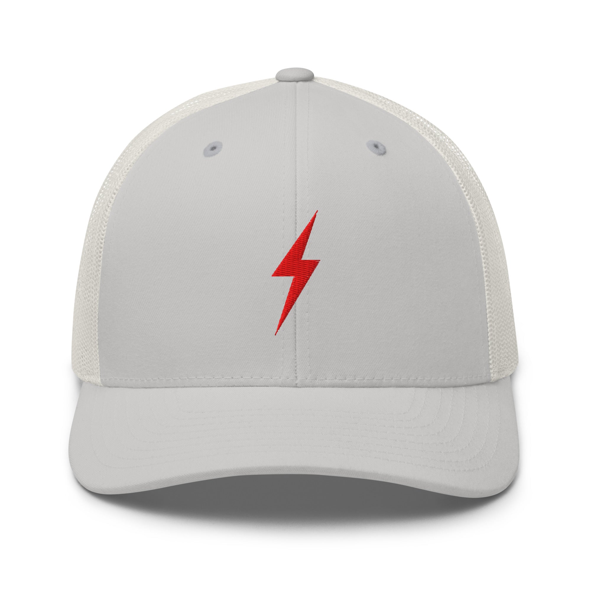 Silver and white trucker hat with a redlightning bolt design on front panel