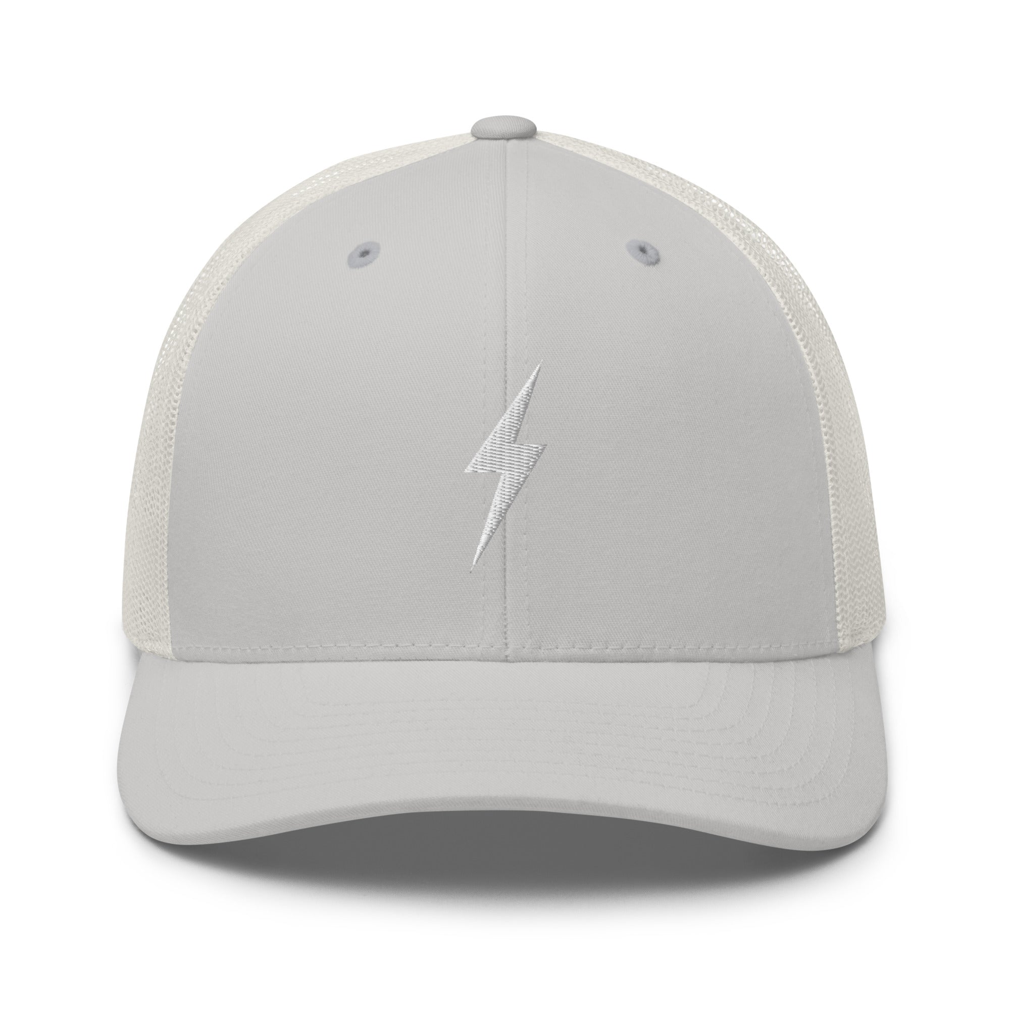 Silver and white trucker hat with a white lightning bolt design on front panel
