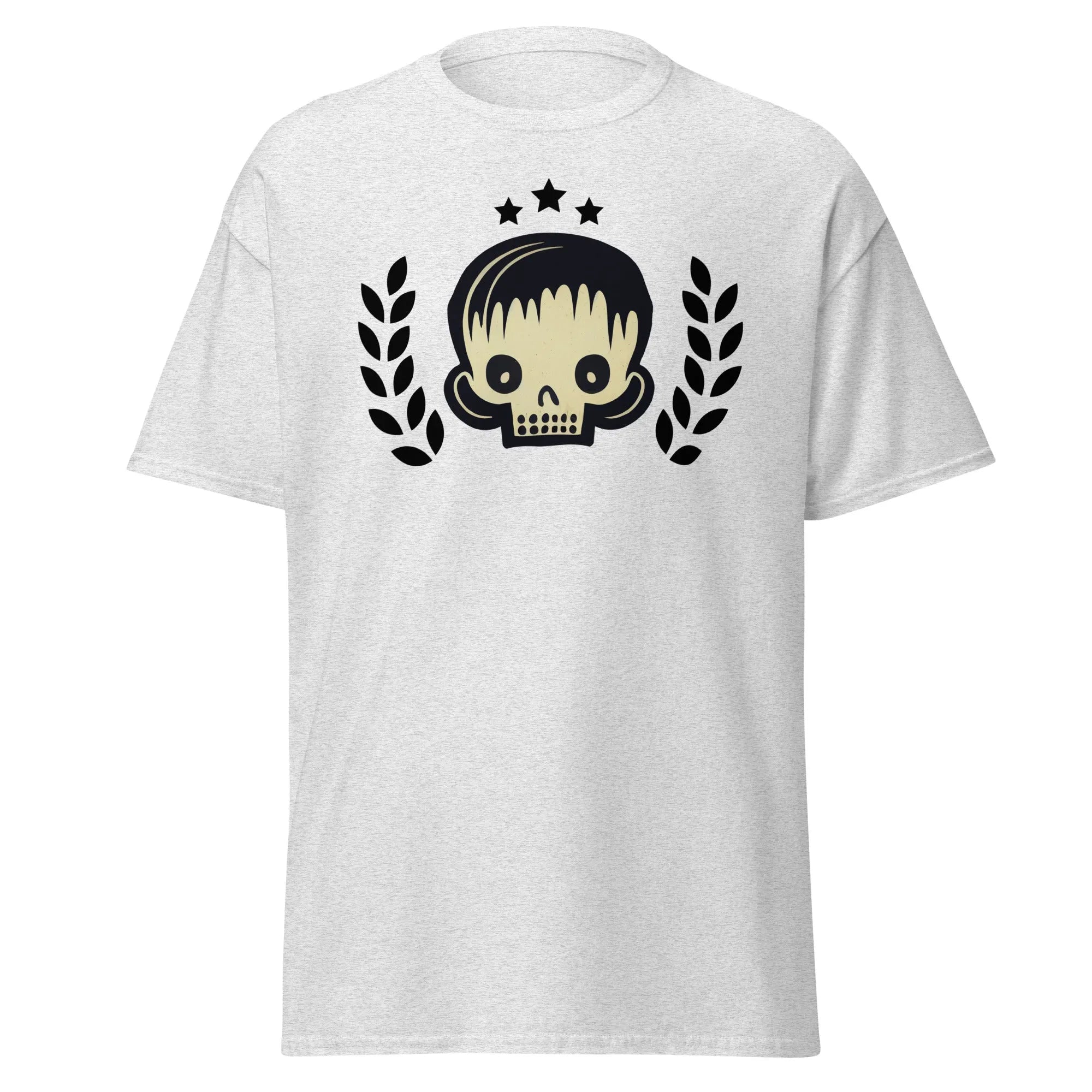 Skull Star ash Halloween T-shirt featuring a graphic design with a stylish skull, laurel branches, and three black stars.