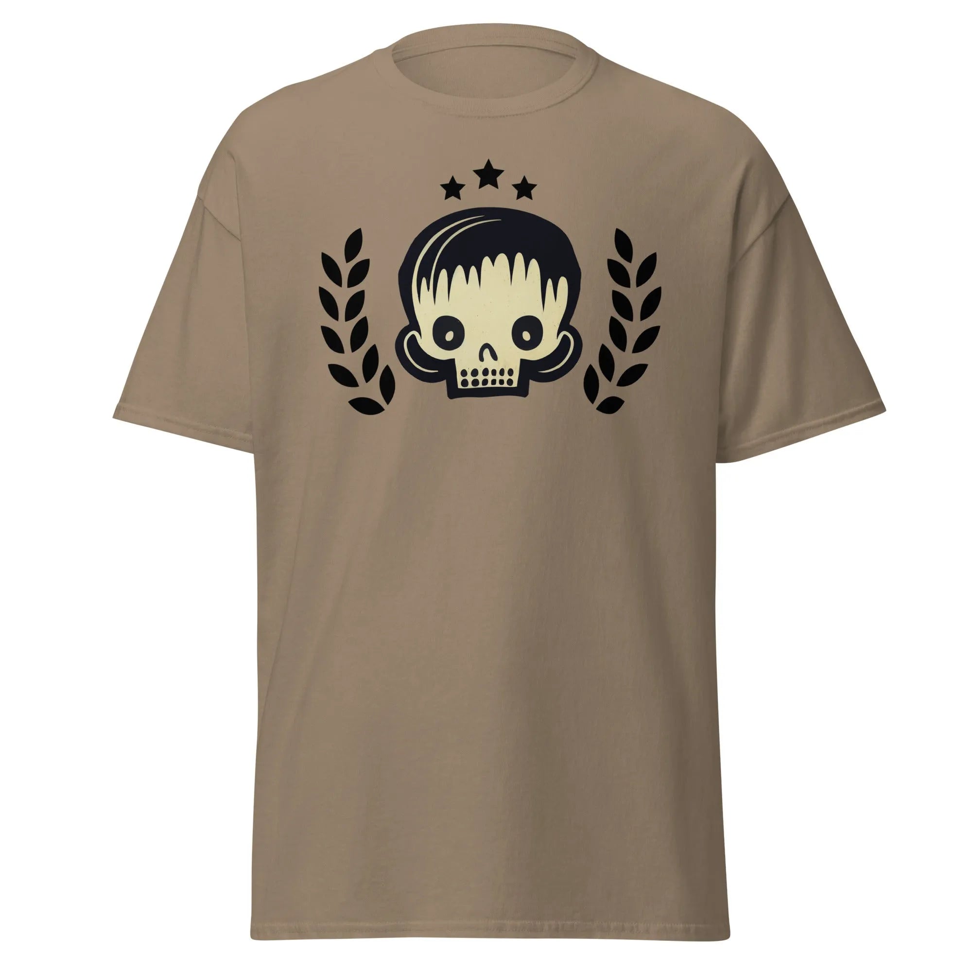 Skull Star brown Halloween T-shirt featuring a graphic design with a stylish skull, laurel branches, and three black stars.