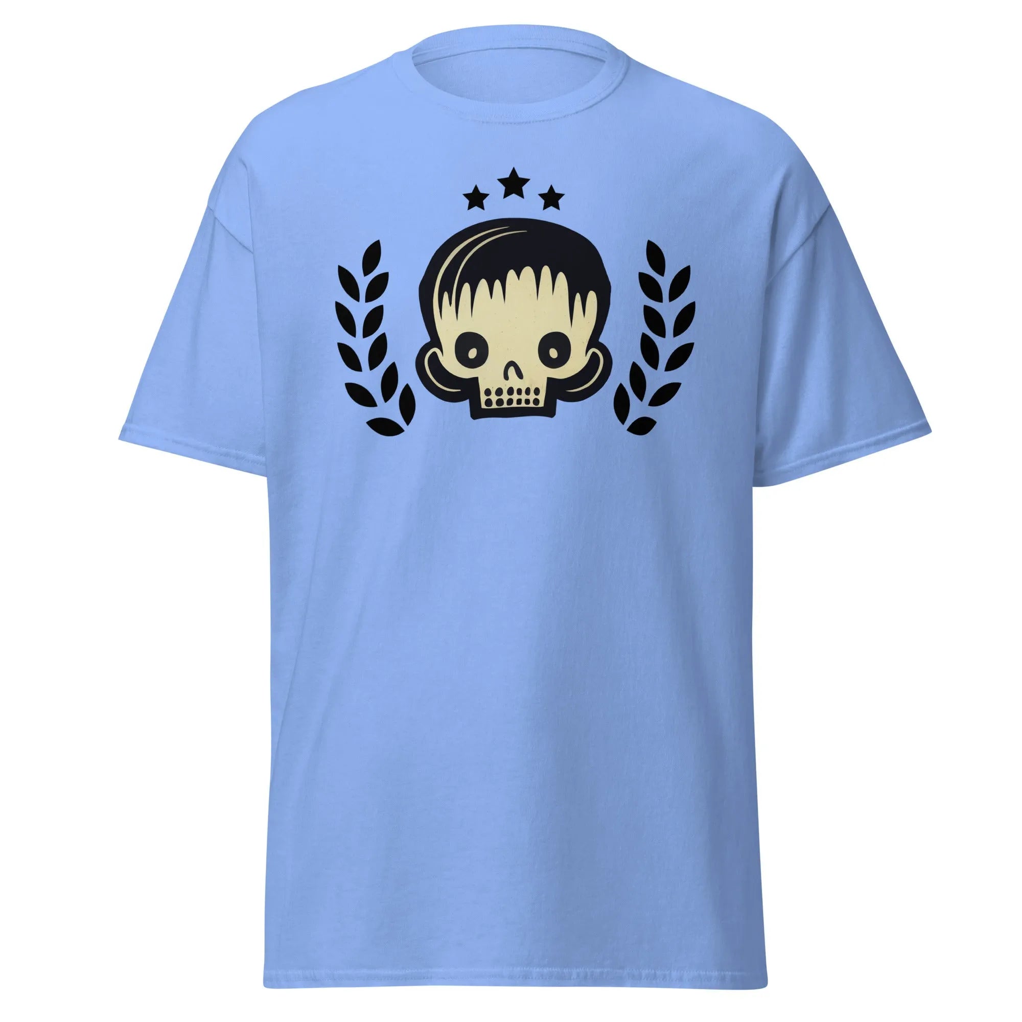 Skull Star carolina blue Halloween T-shirt featuring a graphic design with a stylish skull, laurel branches, and three black stars.