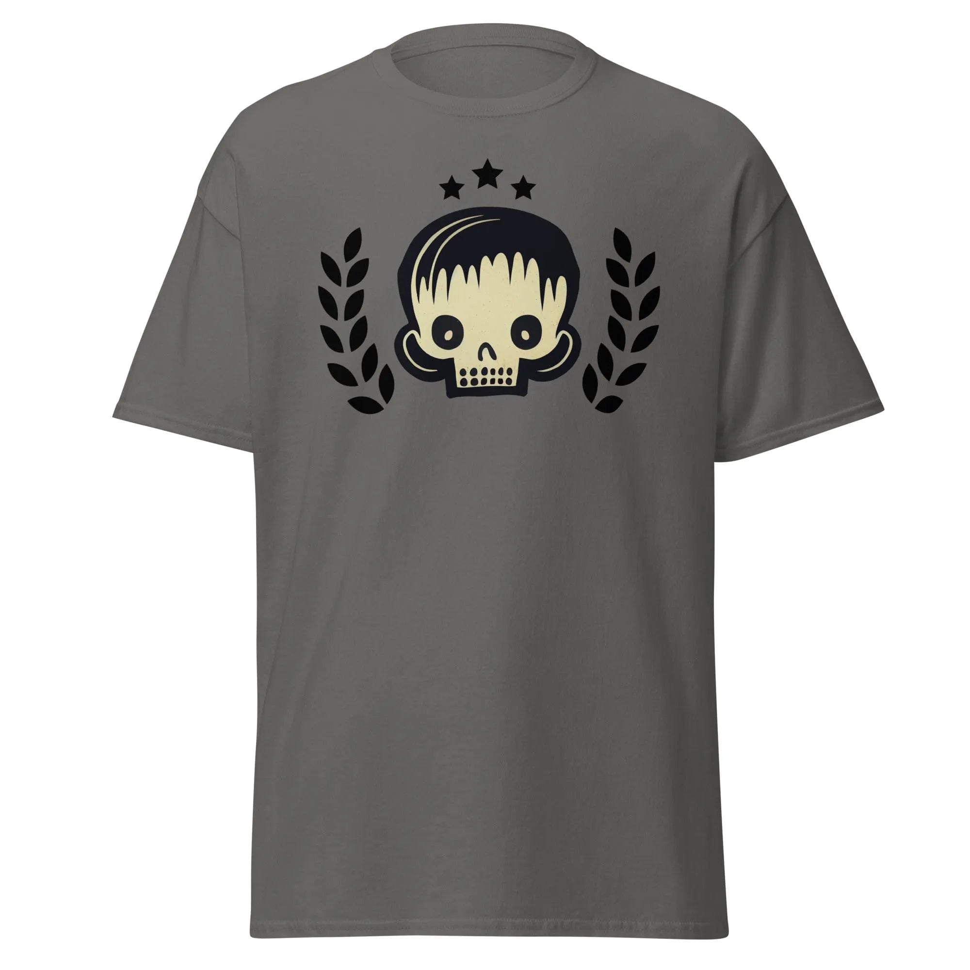 Skull Star charcoal Halloween T-shirt featuring a graphic design with a stylish skull, laurel branches, and three black stars.