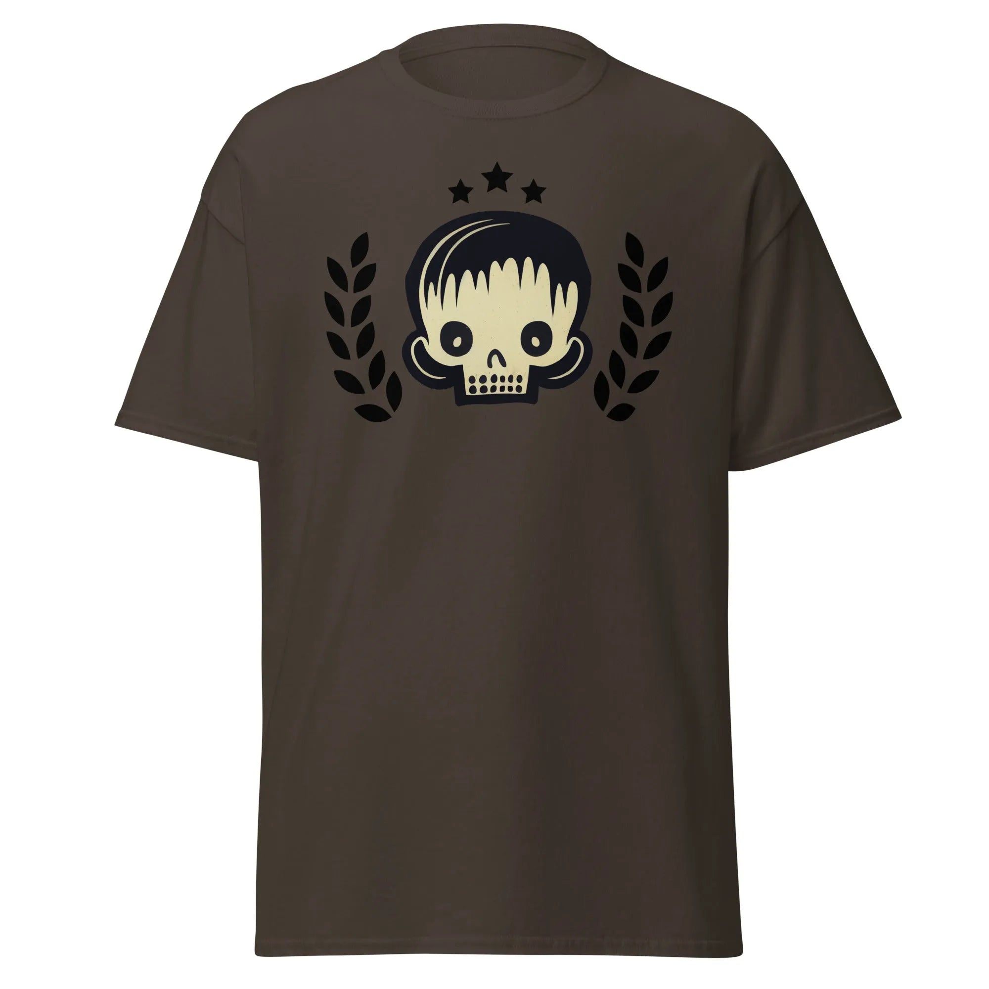 Skull Star chocolate Halloween T-shirt featuring a graphic design with a stylish skull, laurel branches, and three black stars.