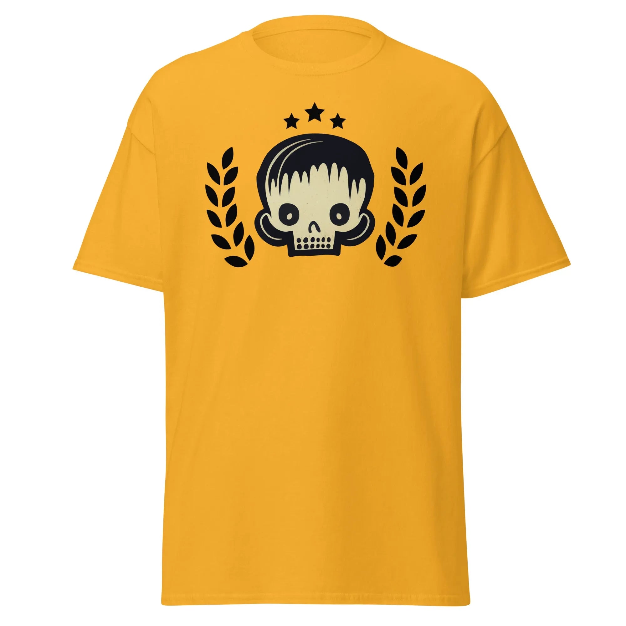 Skull Star gold Halloween T-shirt featuring a graphic design with a stylish skull, laurel branches, and three black stars.
