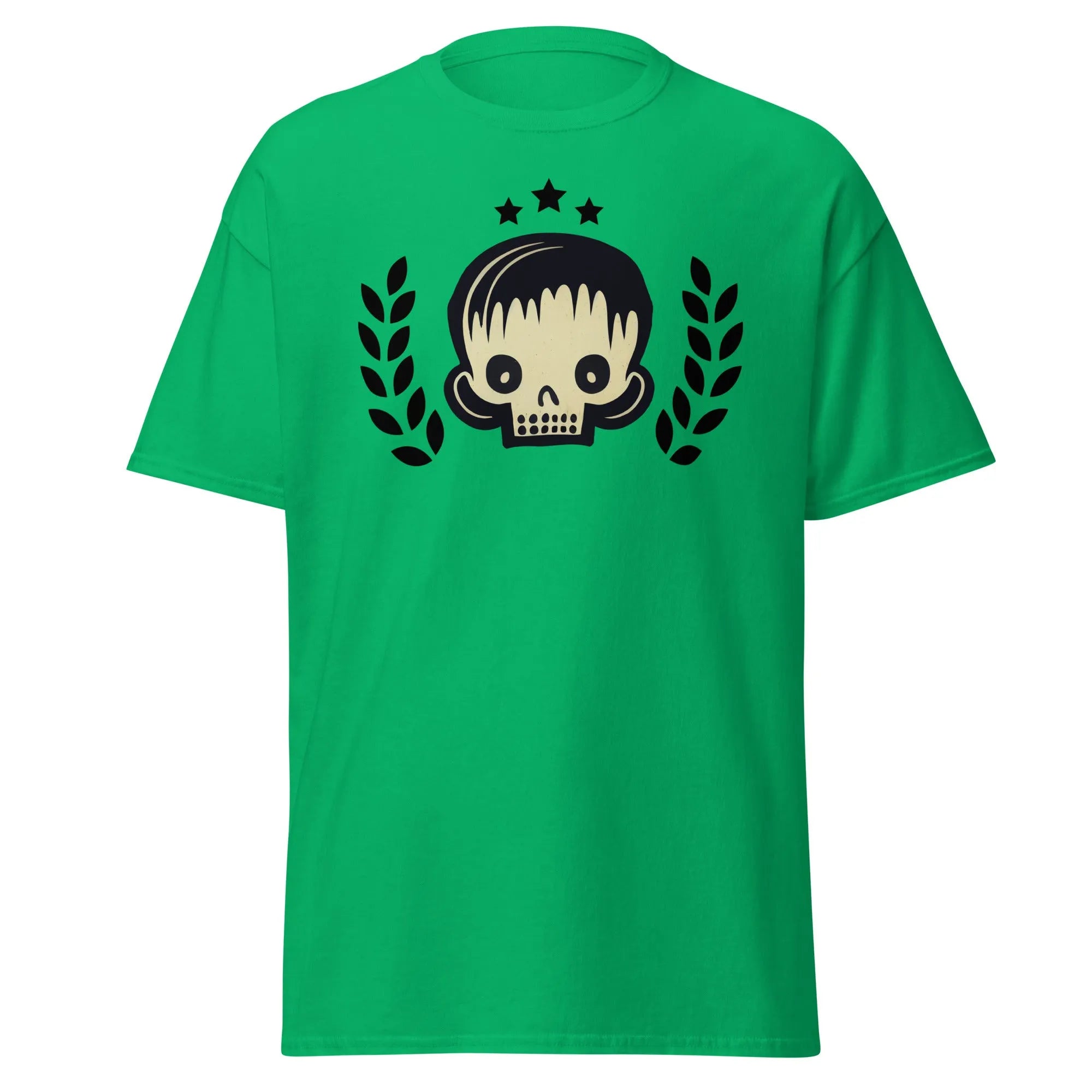 Skull Star green Halloween T-shirt featuring a graphic design with a stylish skull, laurel branches, and three black stars.