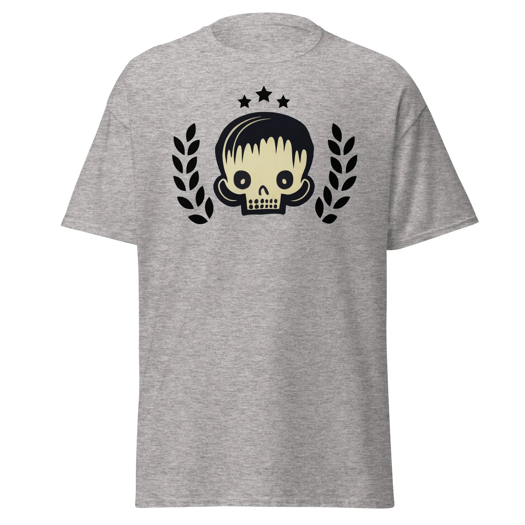 Skull Star grey Halloween T-shirt featuring a graphic design with a stylish skull, laurel branches, and three black stars.