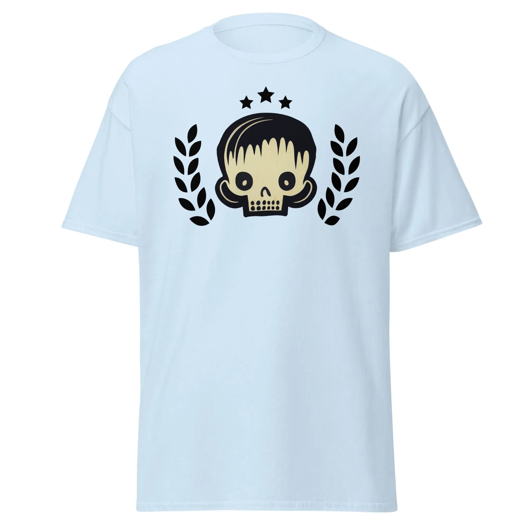 Skull Star light blue Halloween T-shirt featuring a graphic design with a stylish skull, laurel branches, and three black stars.