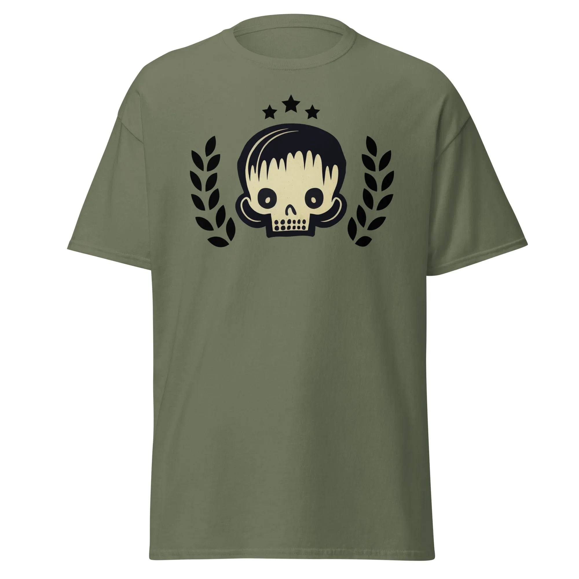 Skull Star military green Halloween T-shirt featuring a graphic design with a stylish skull, laurel branches, and three black stars.