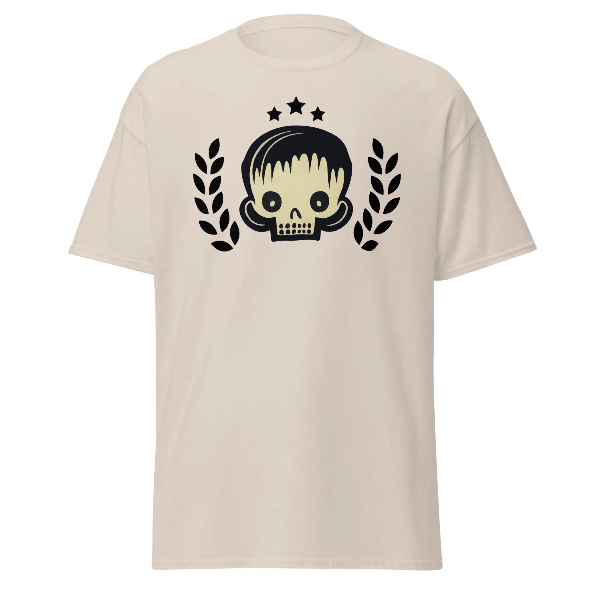 Skull Star natural Halloween T-shirt featuring a graphic design with a stylish skull, laurel branches, and three black stars.