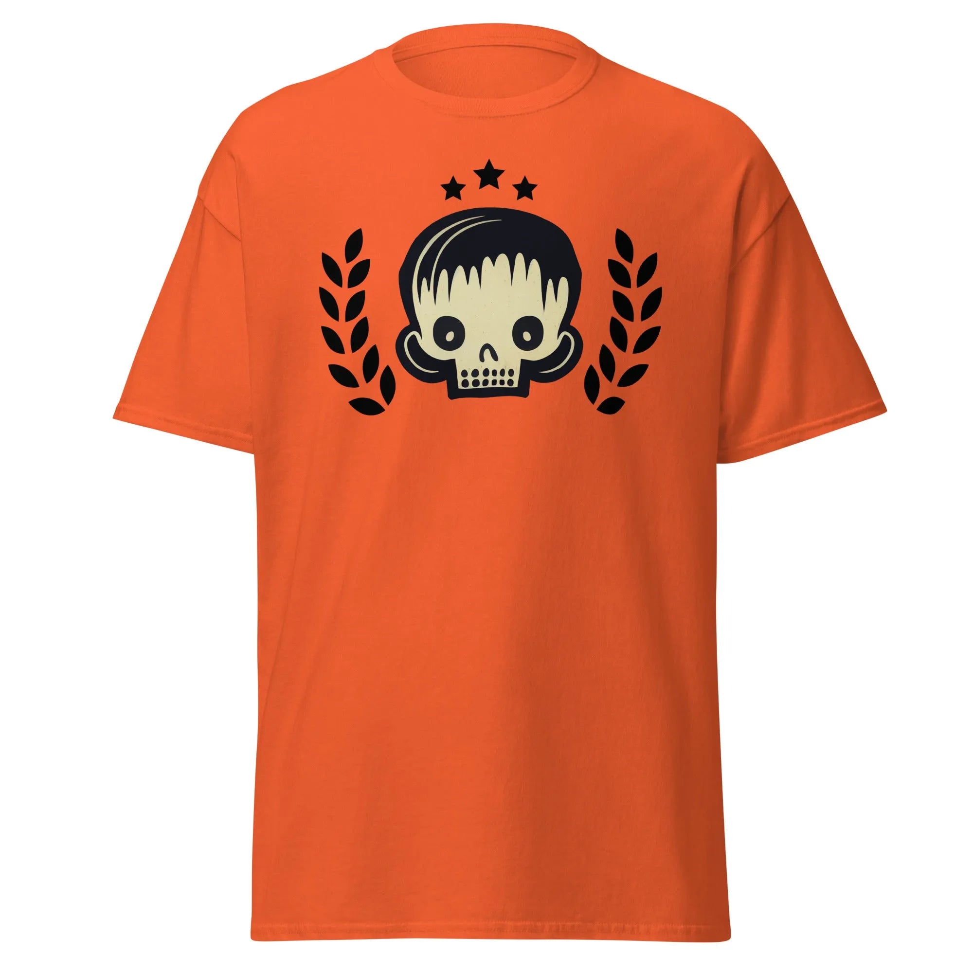 Skull Star orange Halloween T-shirt featuring a graphic design with a stylish skull, laurel branches, and three black stars.