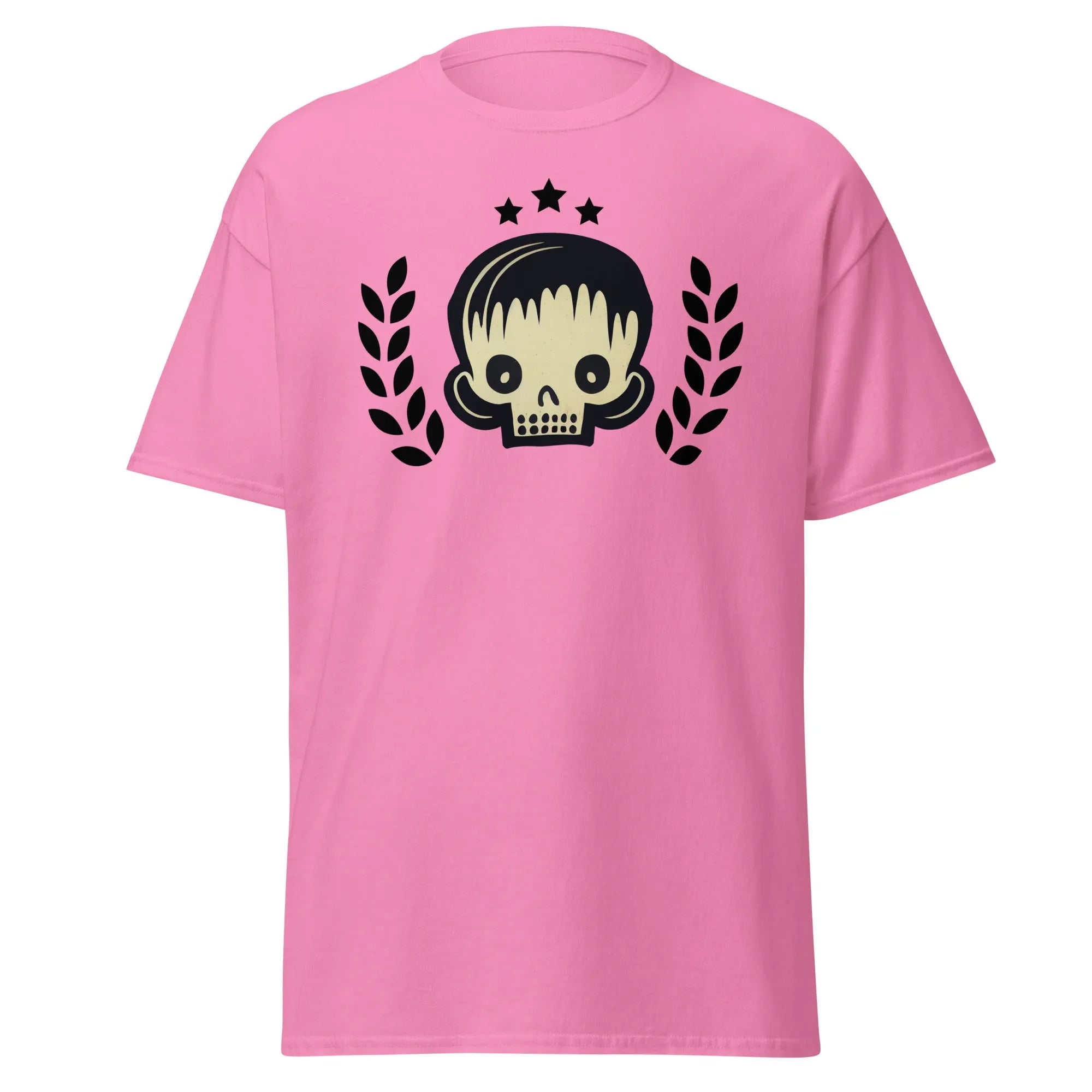 Skull Star pink Halloween T-shirt featuring a graphic design with a stylish skull, laurel branches, and three black stars.