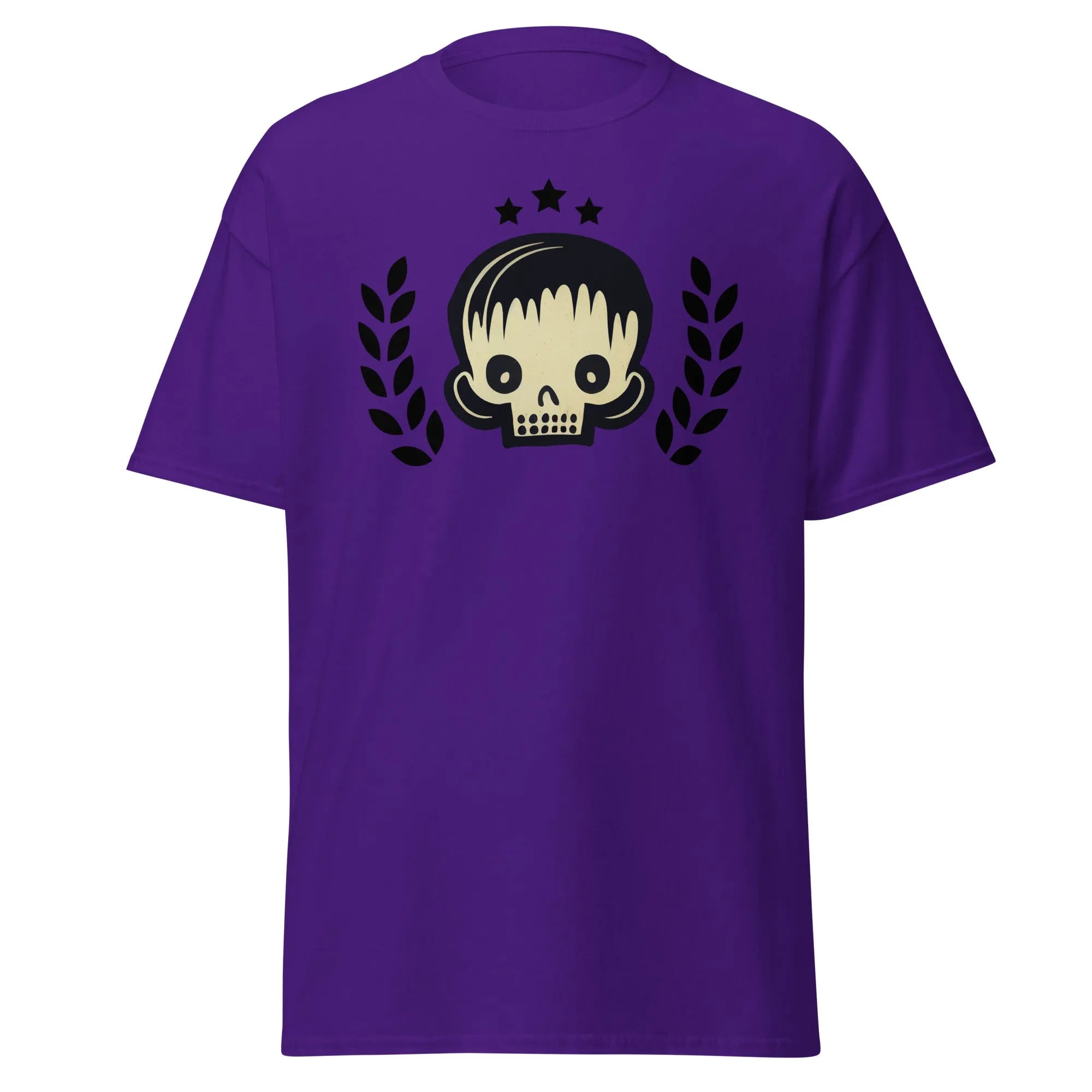Skull Star purple Halloween T-shirt featuring a graphic design with a stylish skull, laurel branches, and three black stars.