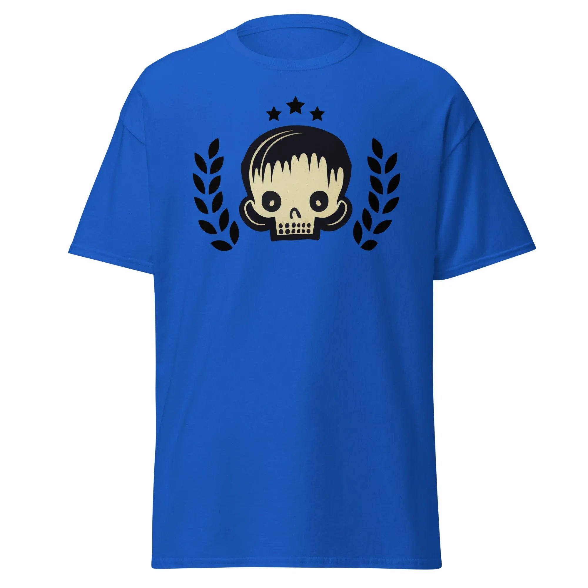 Skull Star royal blue Halloween T-shirt featuring a graphic design with a stylish skull, laurel branches, and three black stars.