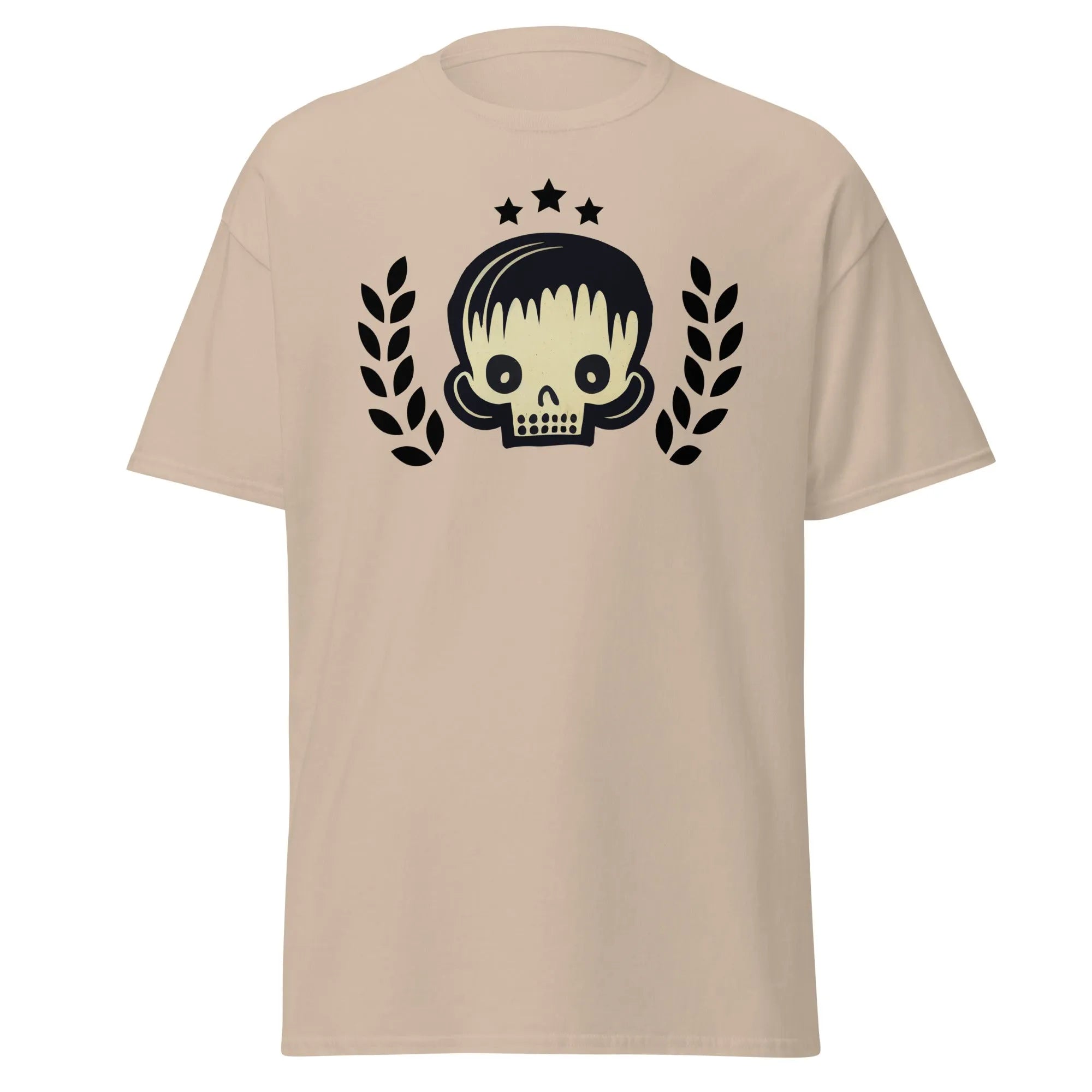 Skull Star sand Halloween T-shirt featuring a graphic design with a stylish skull, laurel branches, and three black stars.