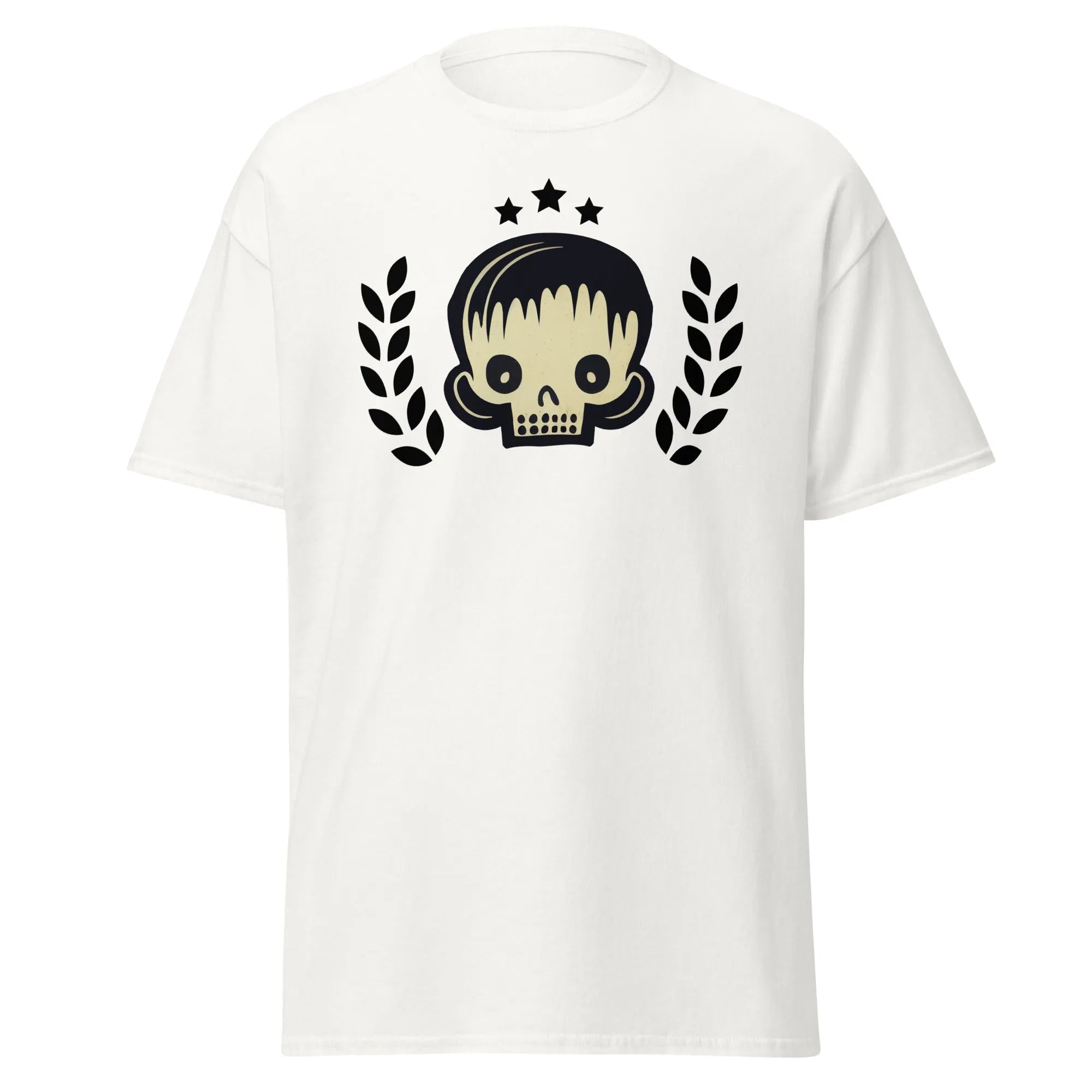 Skull Star white Halloween T-shirt featuring a graphic design with a stylish skull, laurel branches, and three black stars.