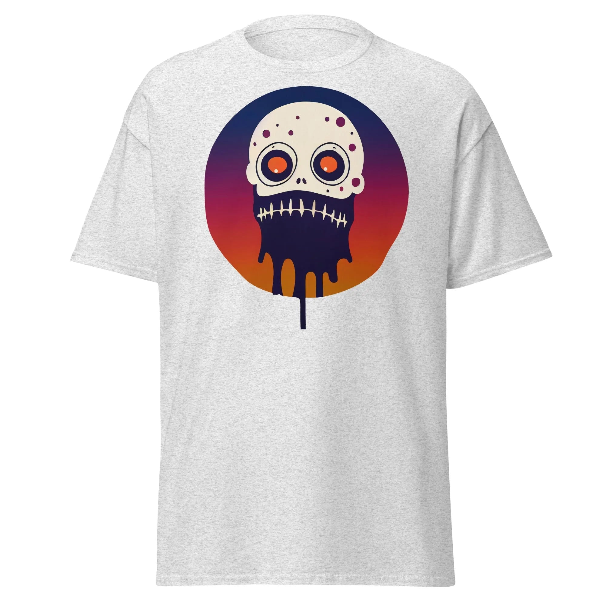 Slop n Slime Skullface ash Halloween T-shirt featuring a skull with large eyes and a dripping effect.