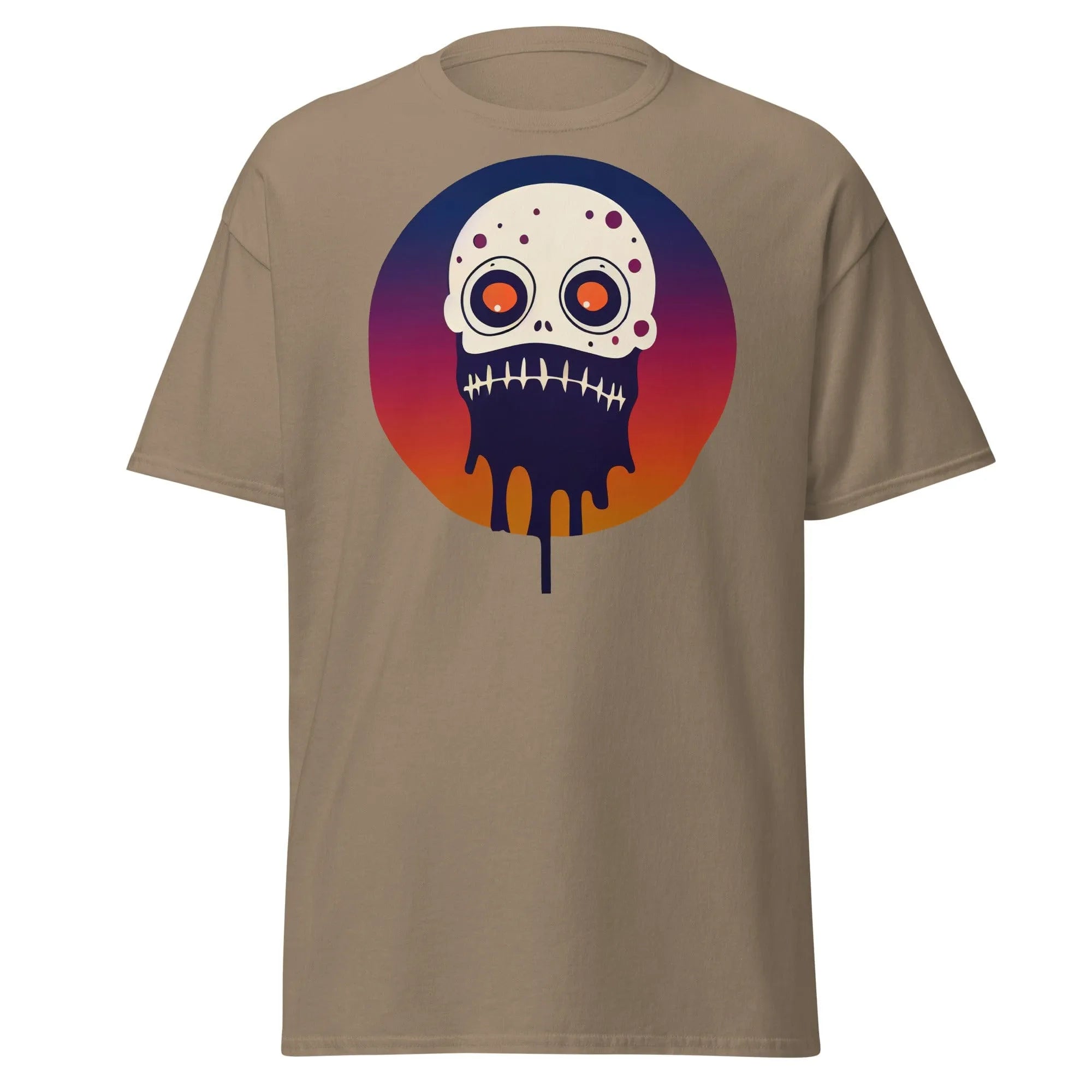 Slop n Slime Skullface brown Halloween T-shirt featuring a skull with large eyes and a dripping effect.