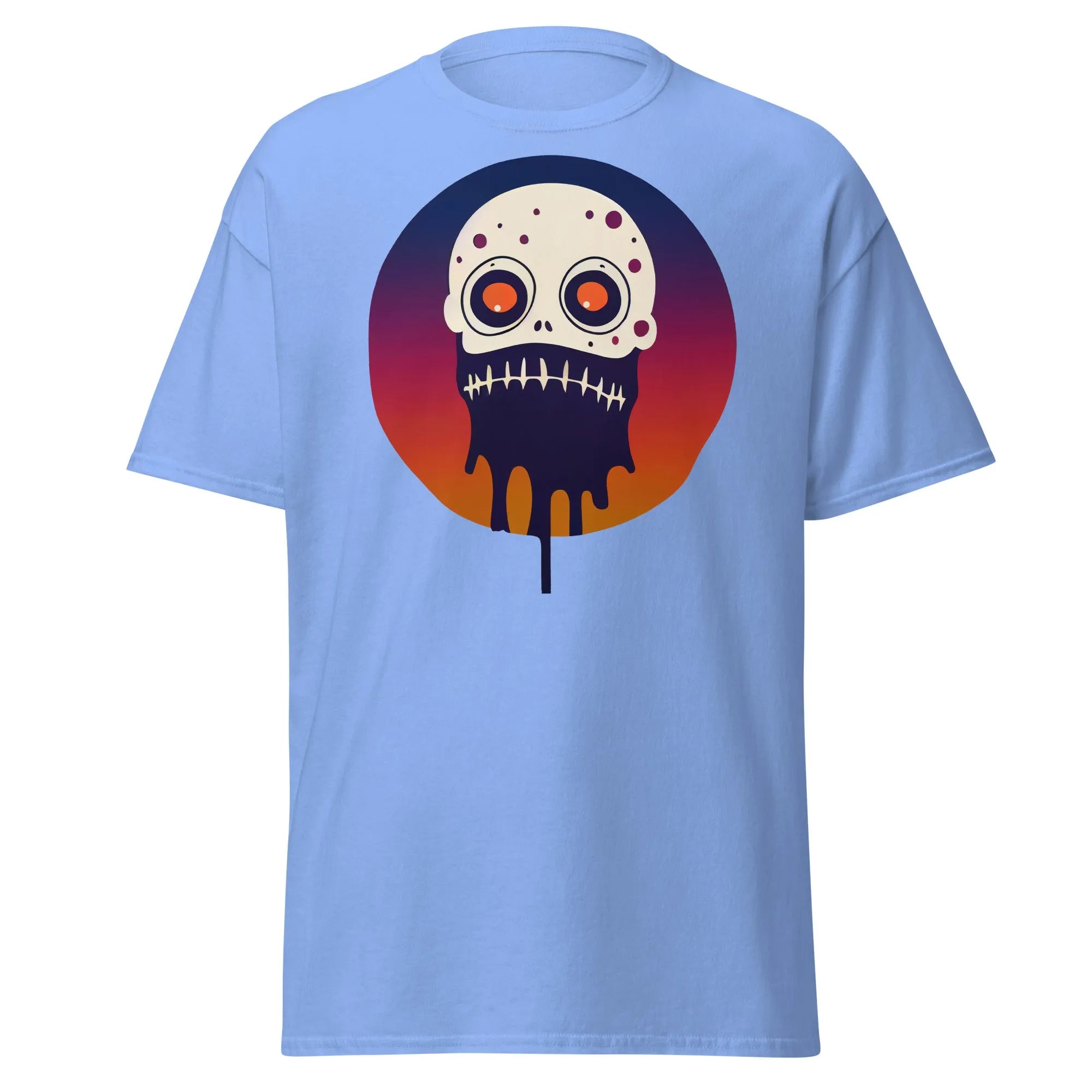 Slop n Slime Skullface carolina blue Halloween T-shirt featuring a skull with large eyes and a dripping effect.