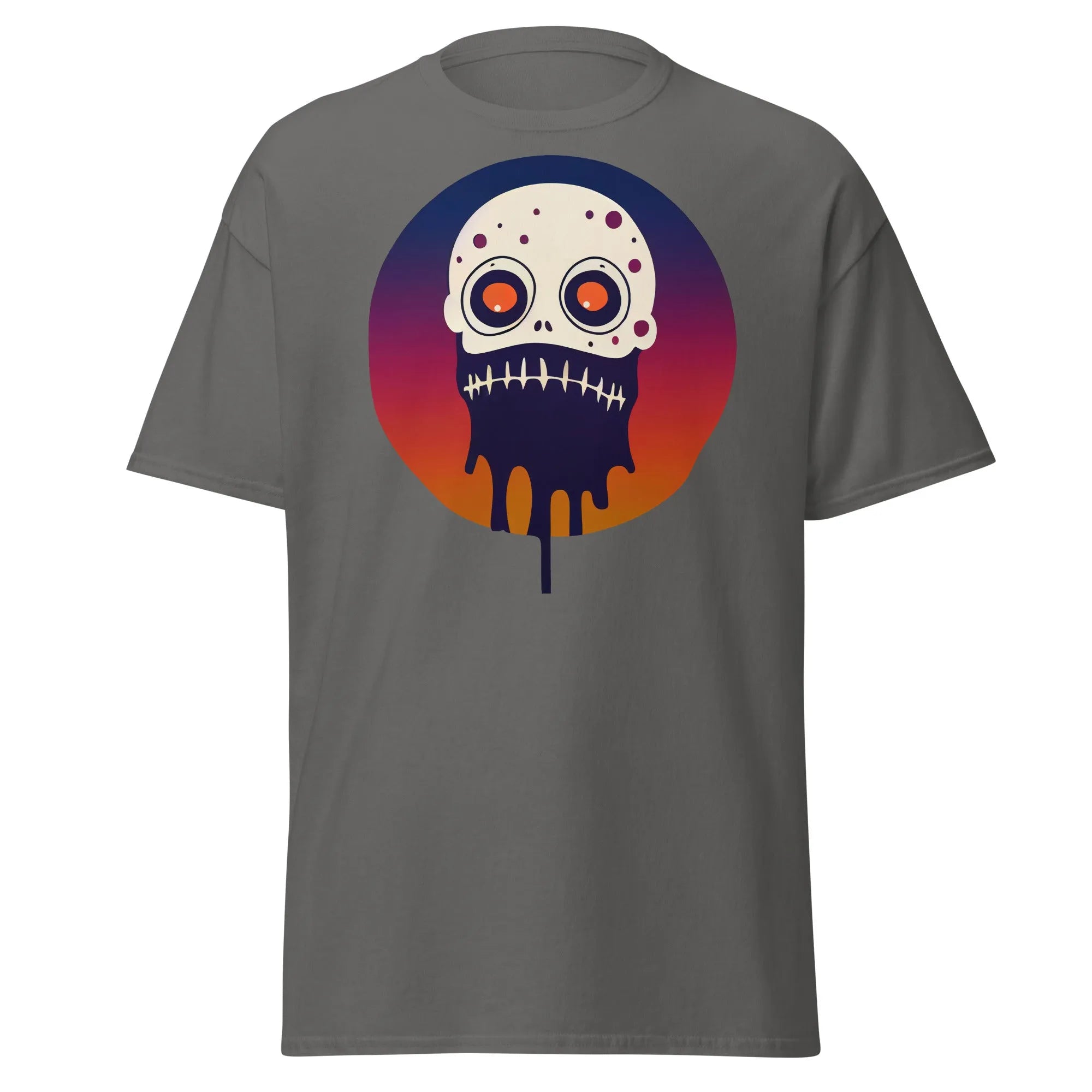 Slop n Slime Skullface charcoal Halloween T-shirt featuring a skull with large eyes and a dripping effect.