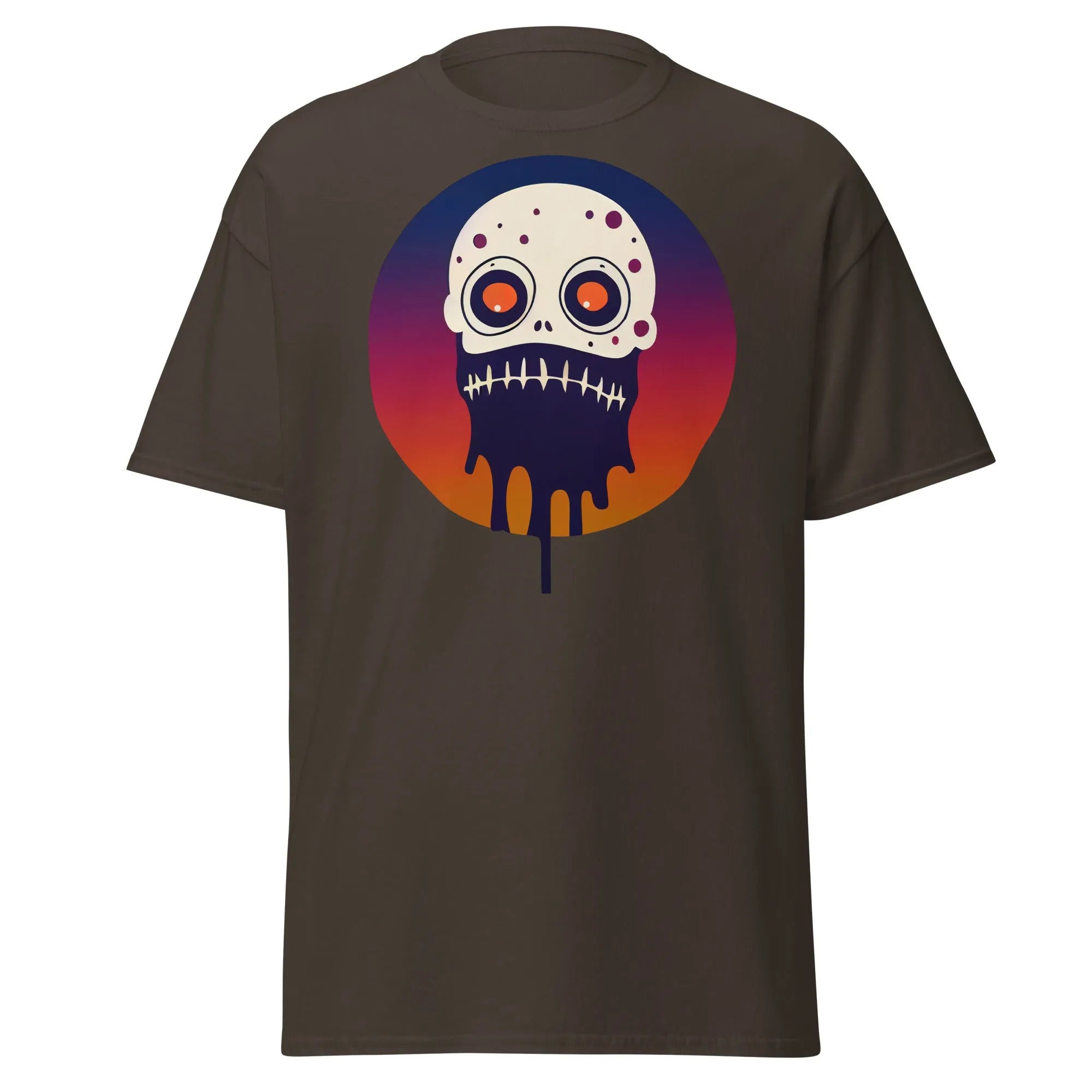 Slop n Slime chocolate white Halloween T-shirt featuring a skull with large eyes and a dripping effect.