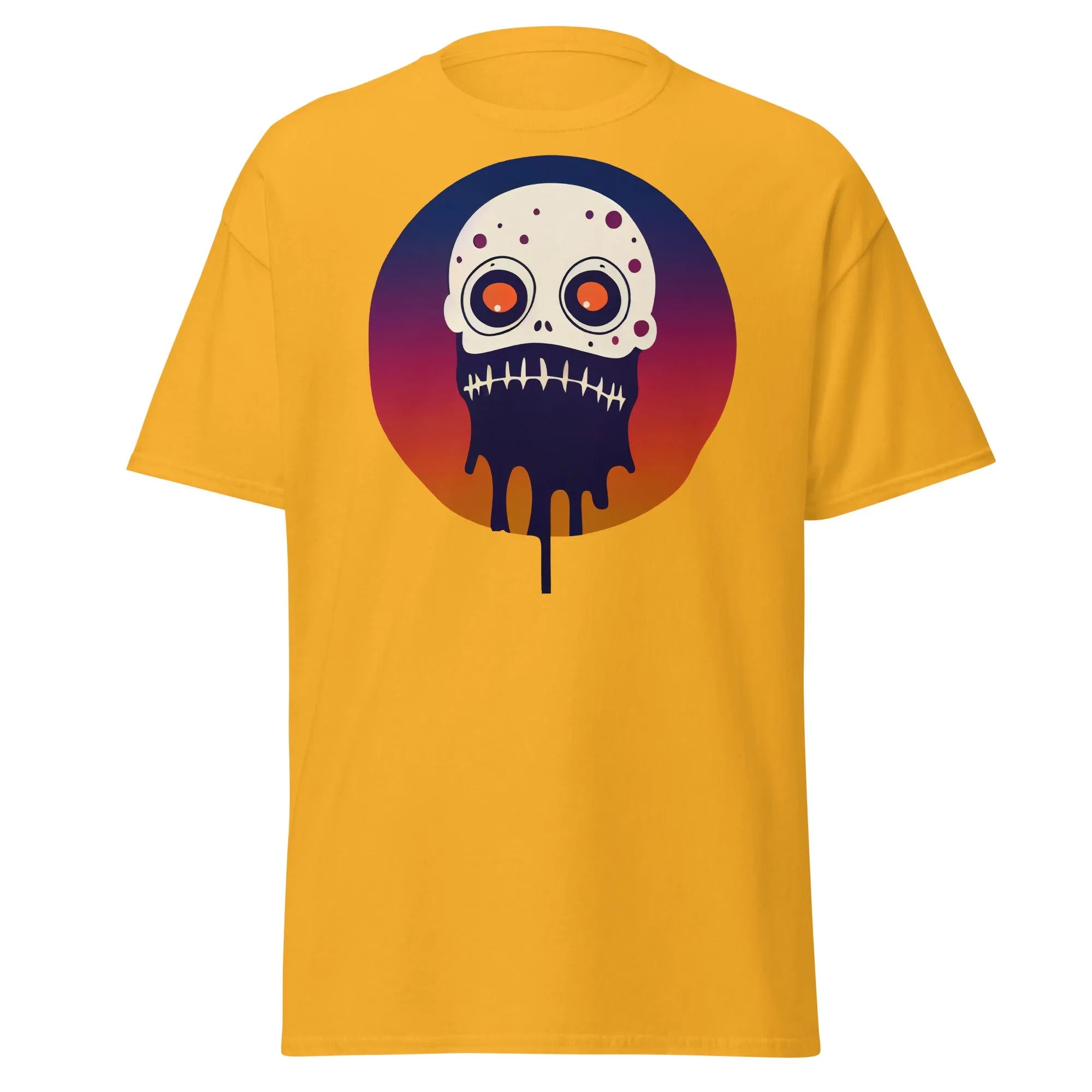 Slop n Slime Skullface gold Halloween T-shirt featuring a skull with large eyes and a dripping effect.
