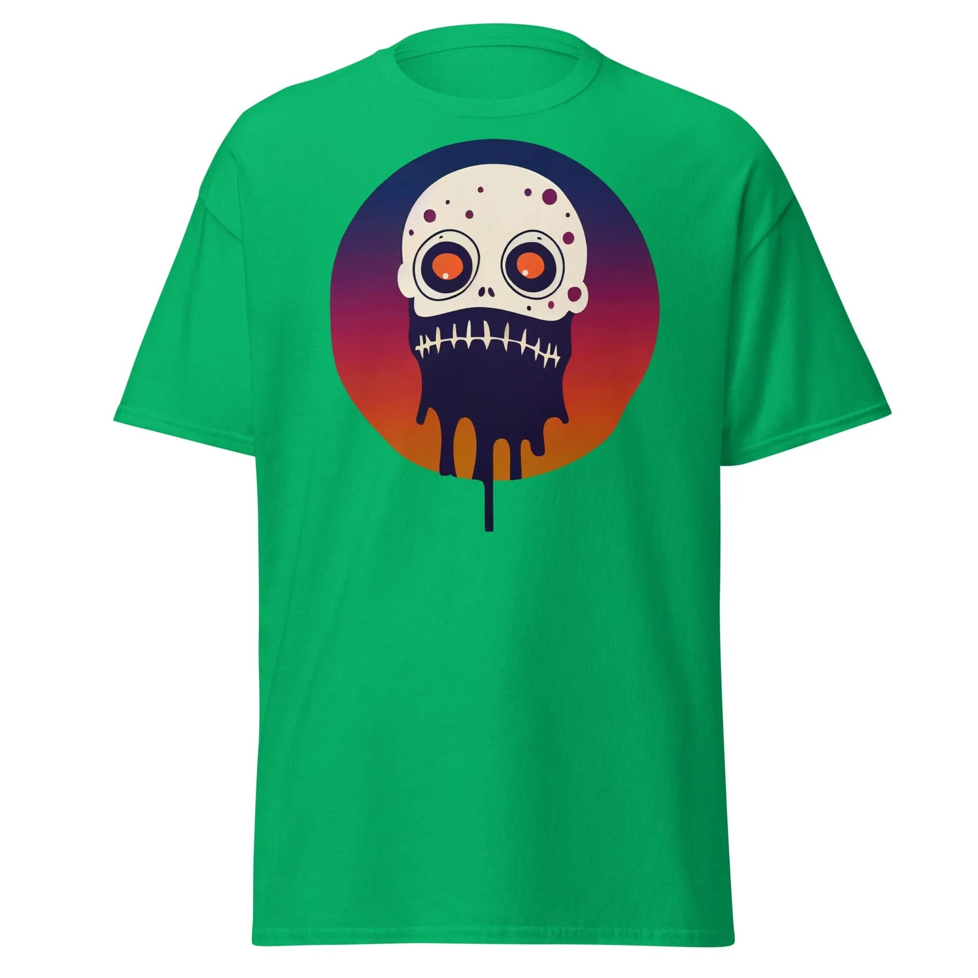 Slop n Slime Skullface green Halloween T-shirt featuring a skull with large eyes and a dripping effect.