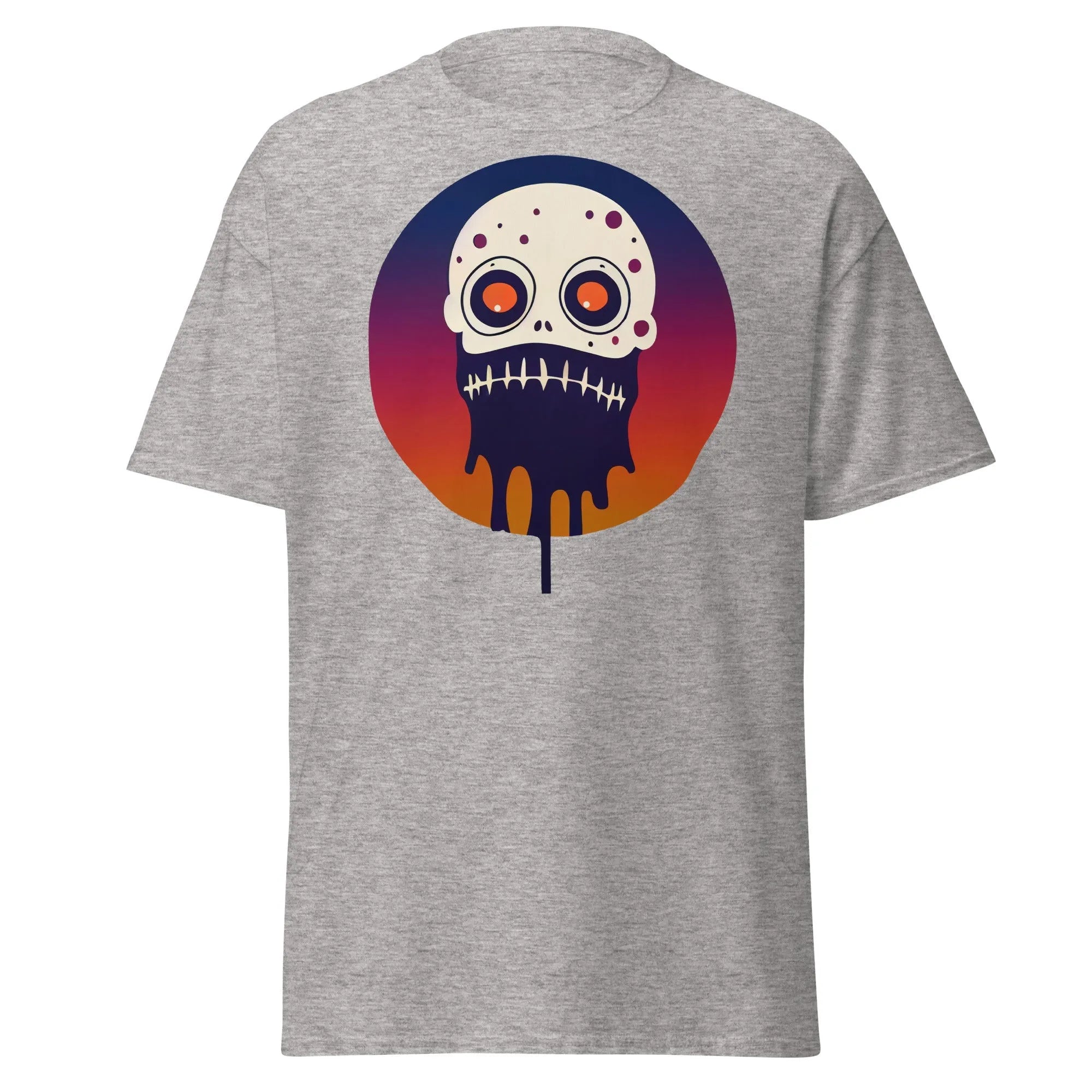 Slop n Slime Skullface grey Halloween T-shirt featuring a skull with large eyes and a dripping effect.