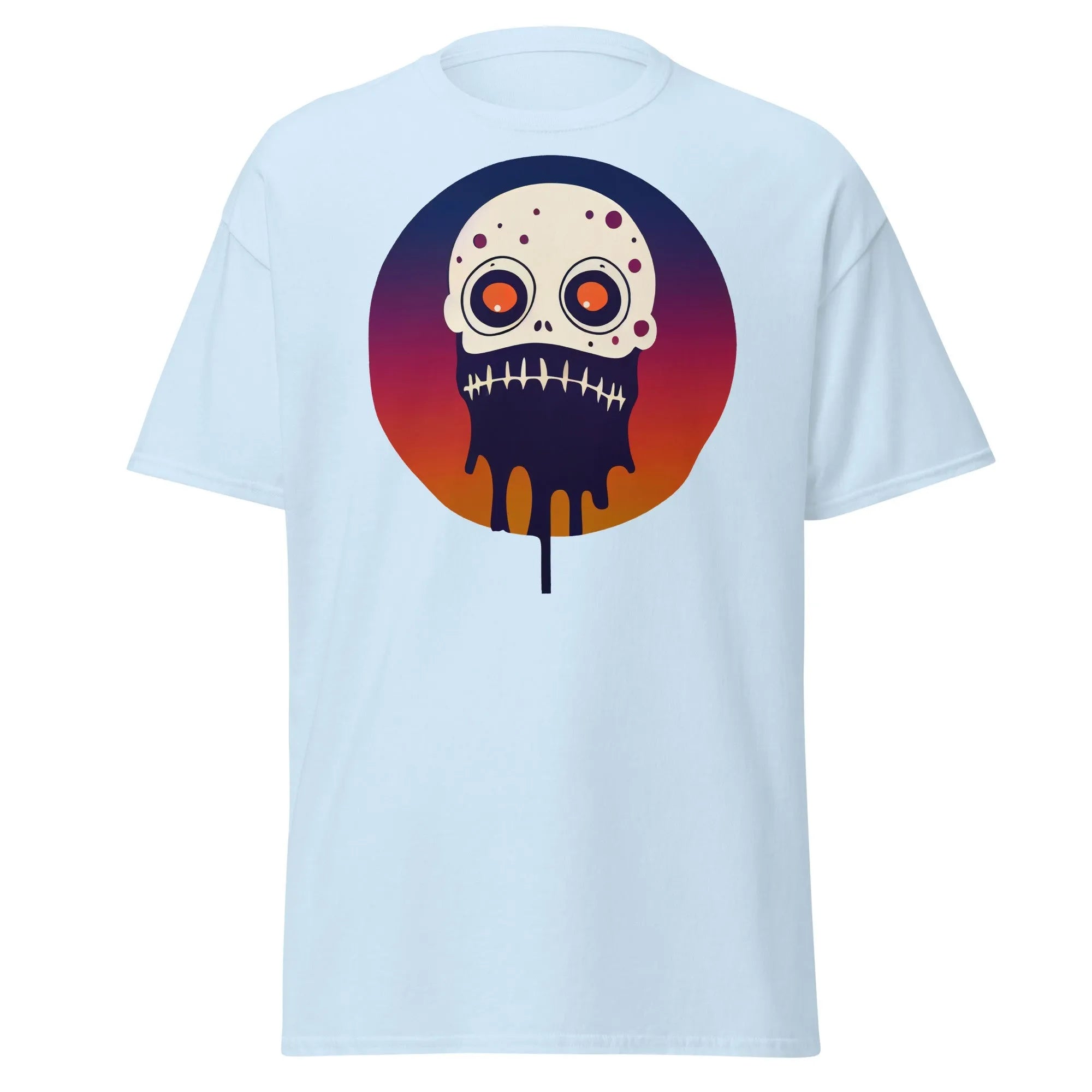 Slop n Slime Skullface light blue Halloween T-shirt featuring a skull with large eyes and a dripping effect.
