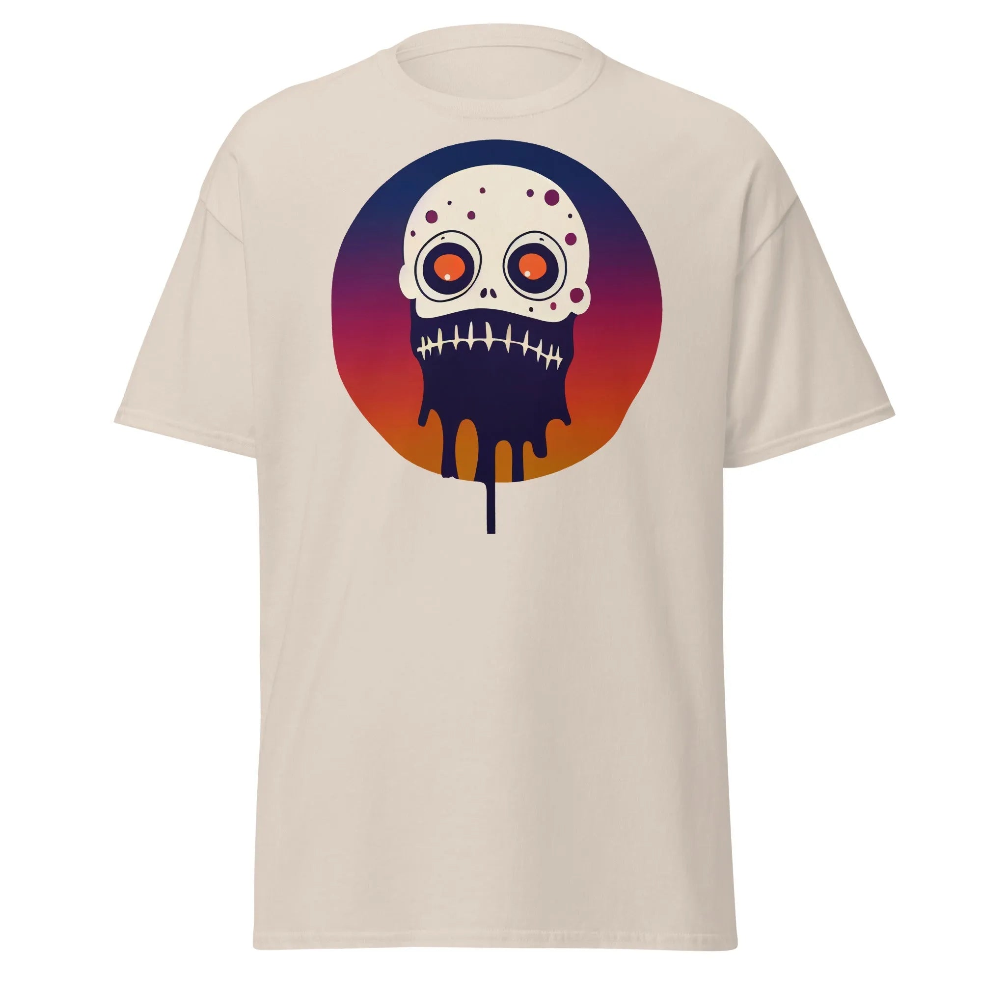 Slop n Slime Skullface natural Halloween T-shirt featuring a skull with large eyes and a dripping effect.