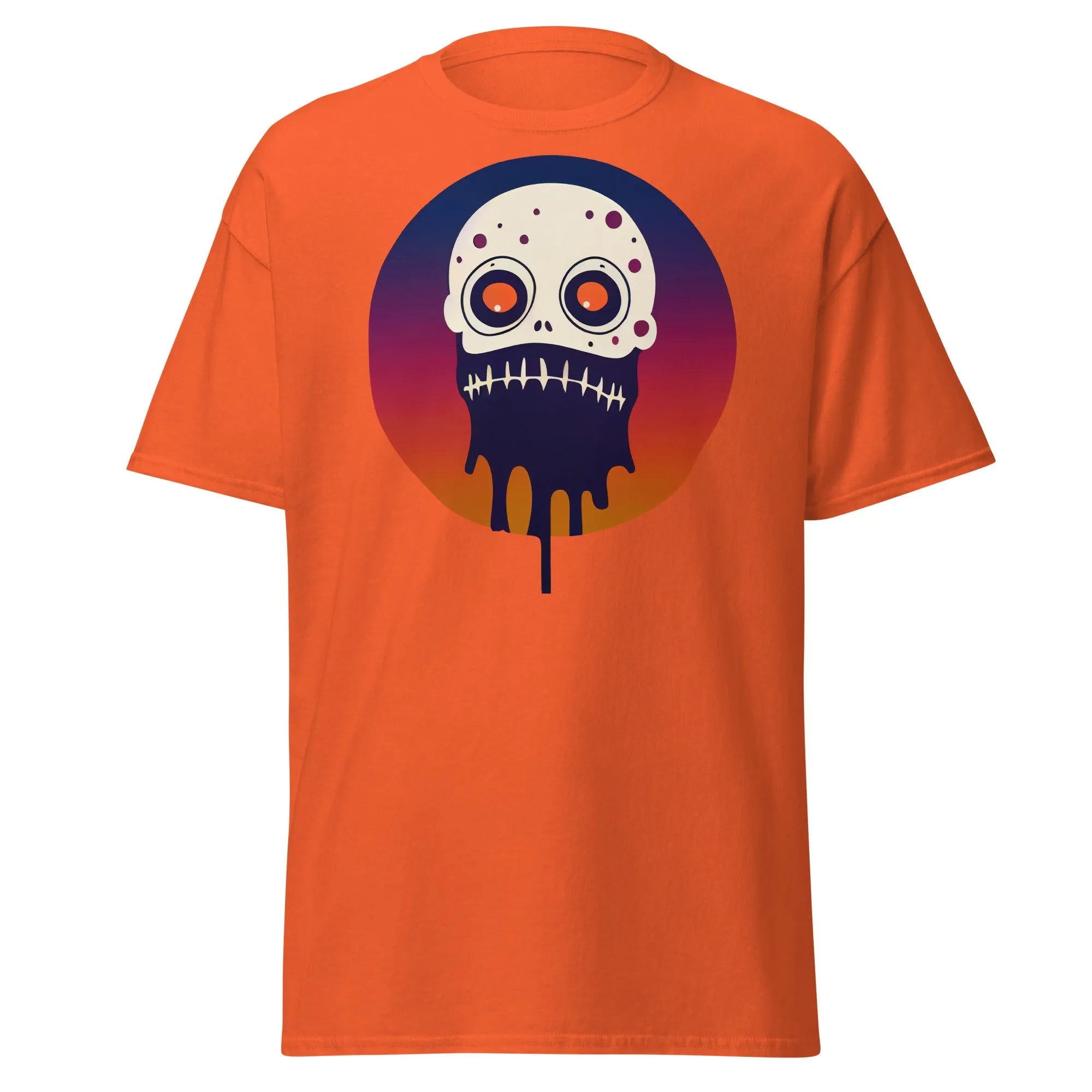 Slop n Slime Skullface orange Halloween T-shirt featuring a skull with large eyes and a dripping effect.