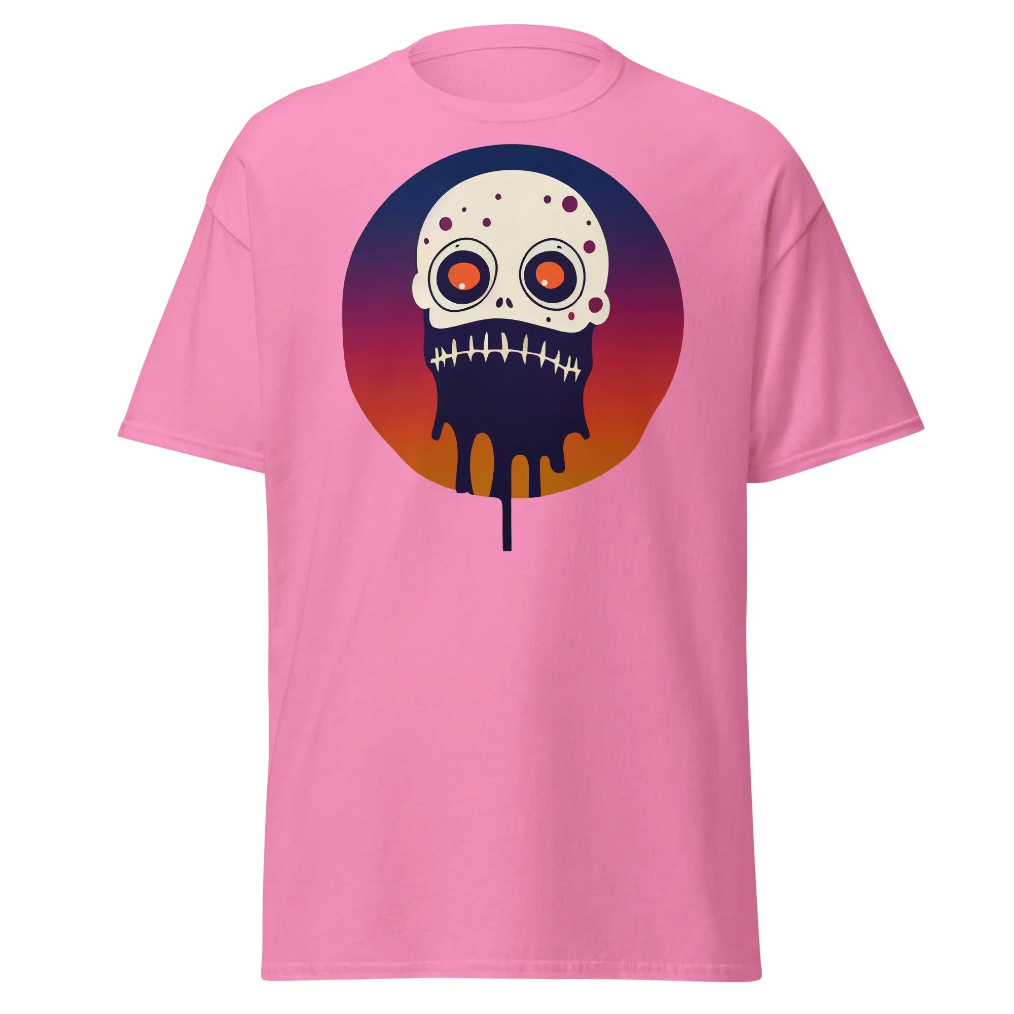 Slop n Slime Skullface pink Halloween T-shirt featuring a skull with large eyes and a dripping effect.